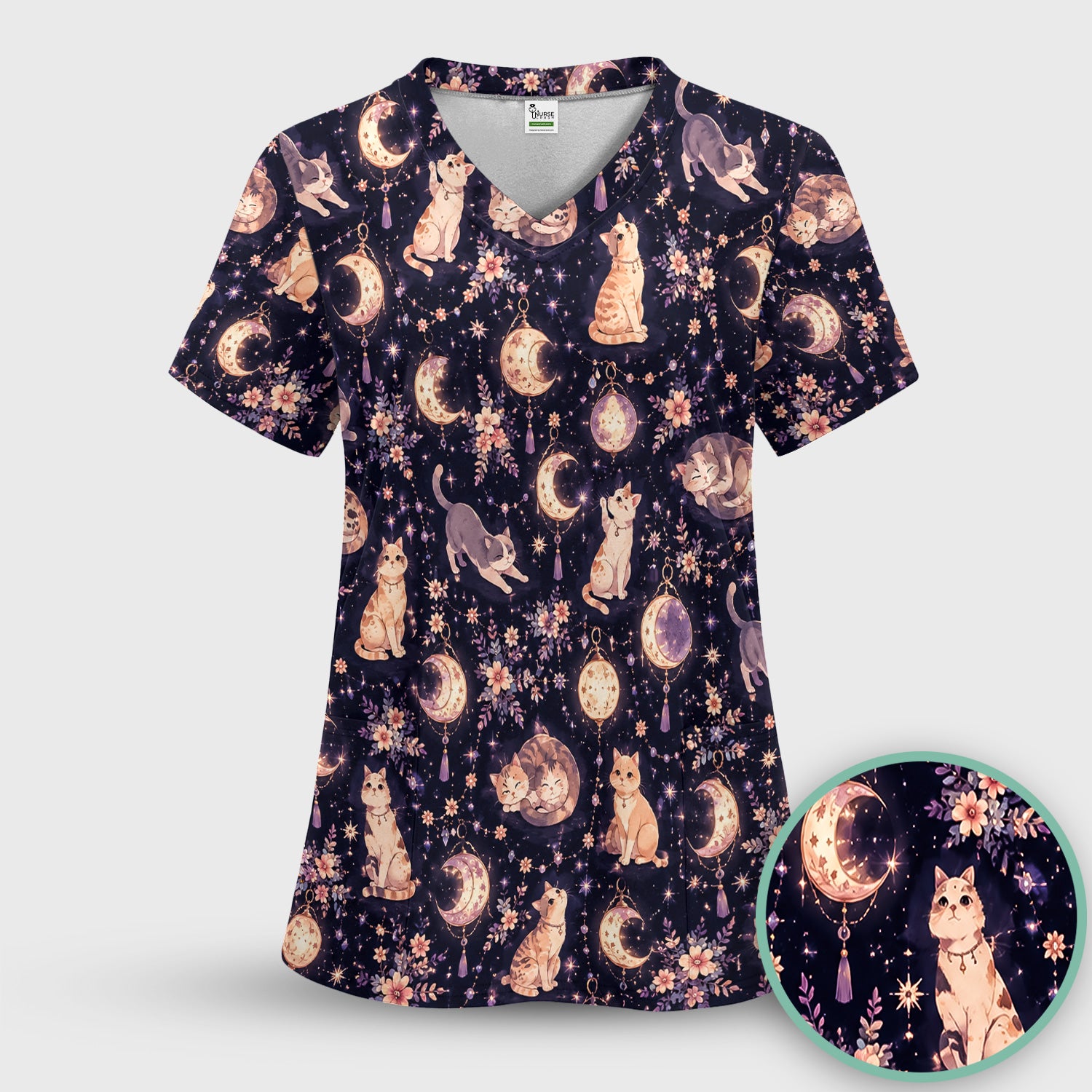 Celestial Cat Pattern Scrub Top, Comfortable Scrubs for Nurses