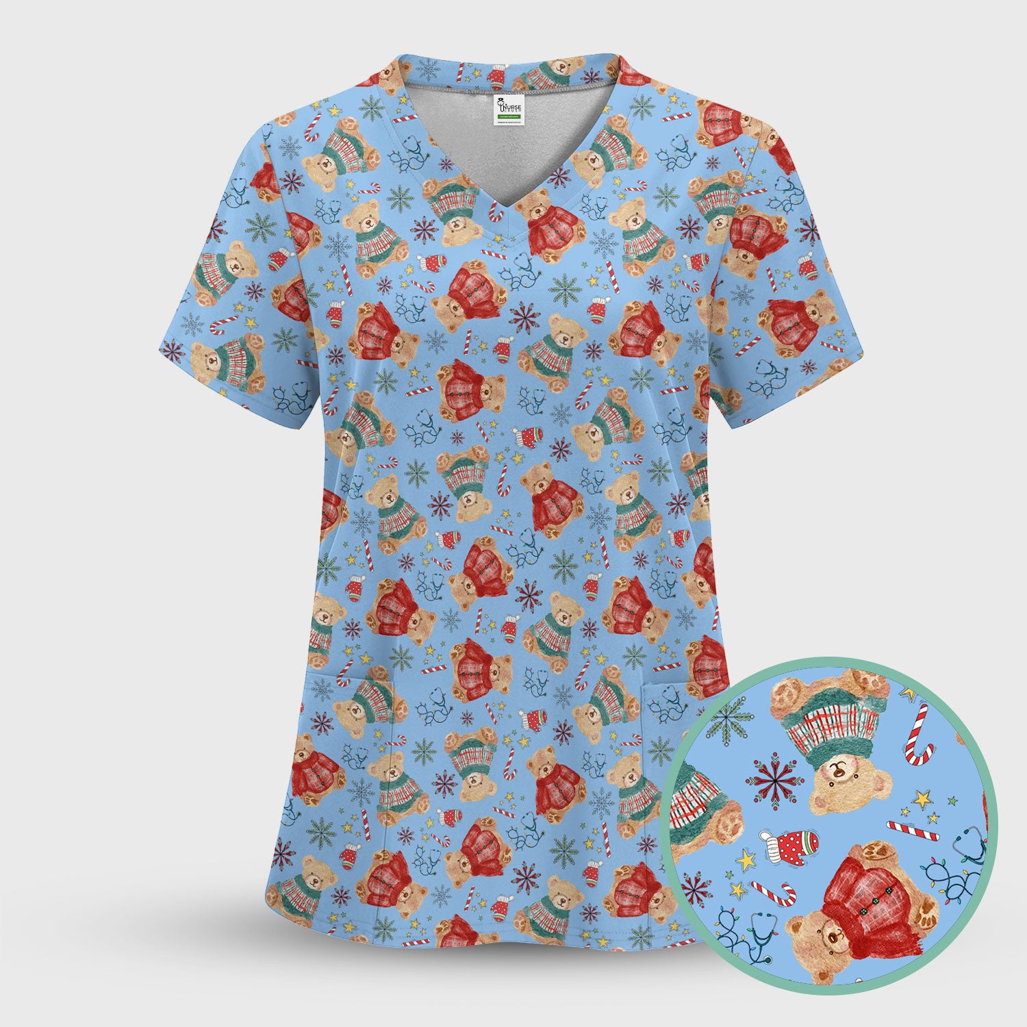 Christmas Bear Scrub Top - Cute Holiday Teddy Print Scrubs for Nurses - Funny Xmas Medical Scrub Shirt Gift for Women CNA RN