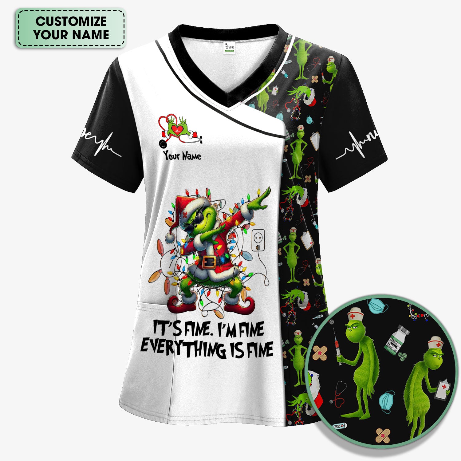 Funny Grinch Christmas Nurse Scrub - Everything Is Fine Shirt - Holiday Medical Uniform for Women - Xmas Gift for RN LPN CNA
