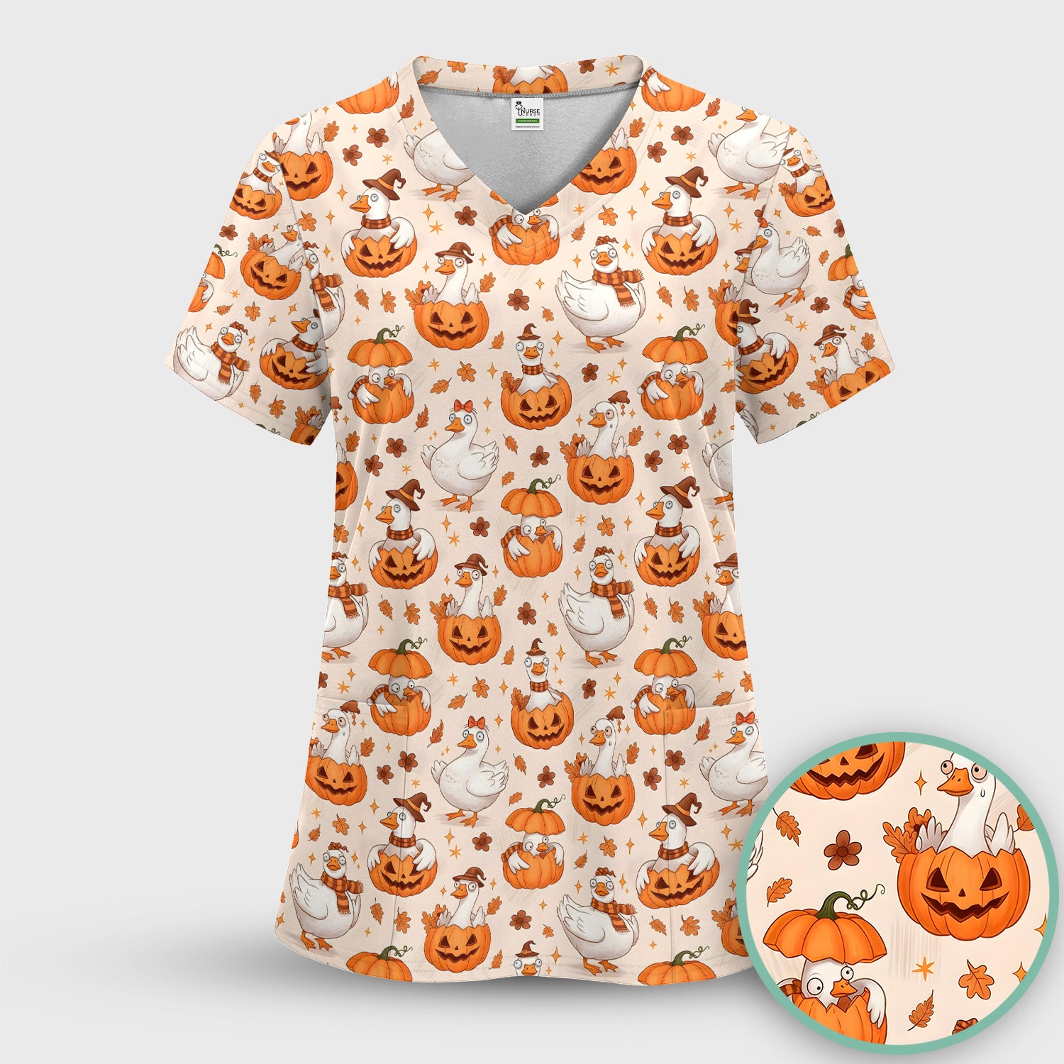 Cute Halloween Goose And Pumpkins Scrub Top, Comfortable Scrubs for Nurses