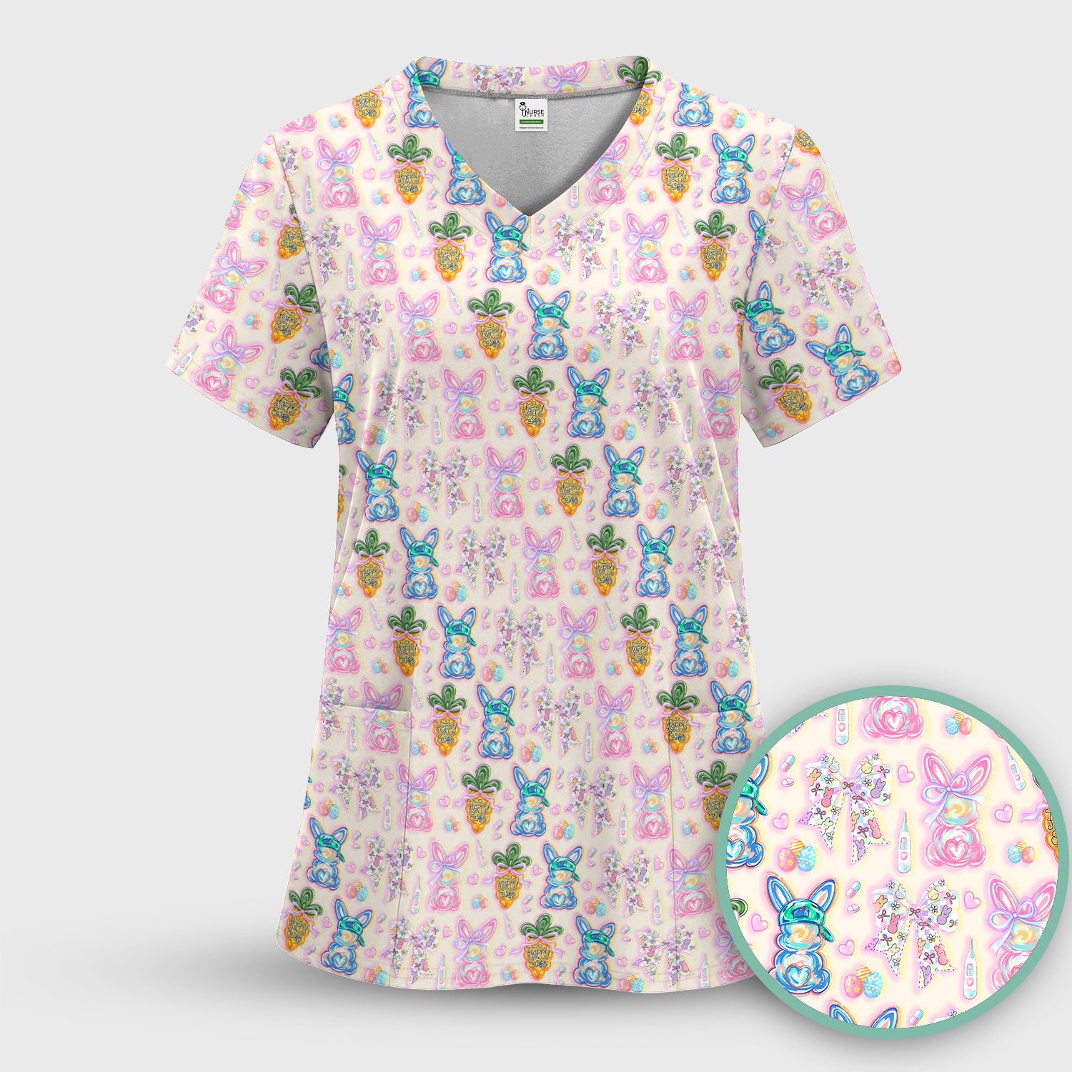 Easter Bunny Carrot Bow Floral Print Scrub Top, Comfortable Scrubs for Nurses