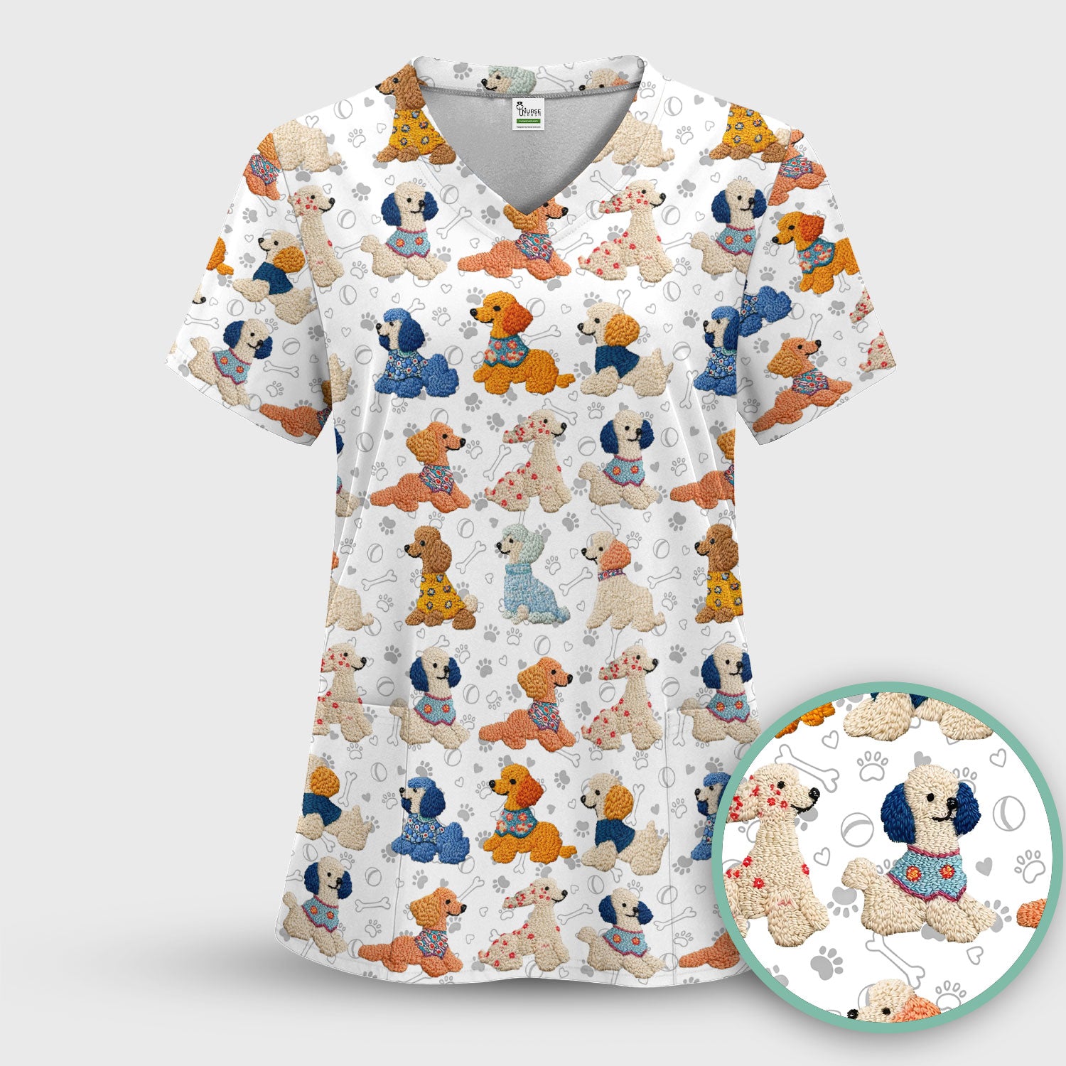 Cute Colorful Poodle Pattern Scrub Top, Comfortable Scrubs for Nurses