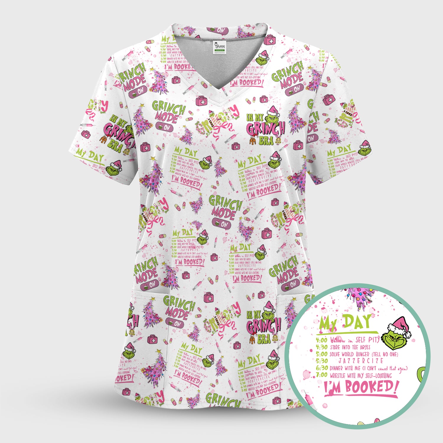 I’m Booked Funny Christmas Scrub for Women - Grinch Mode On Holiday Nurse Uniform Shirt - Grinchmas Gift for RN CNA LPN