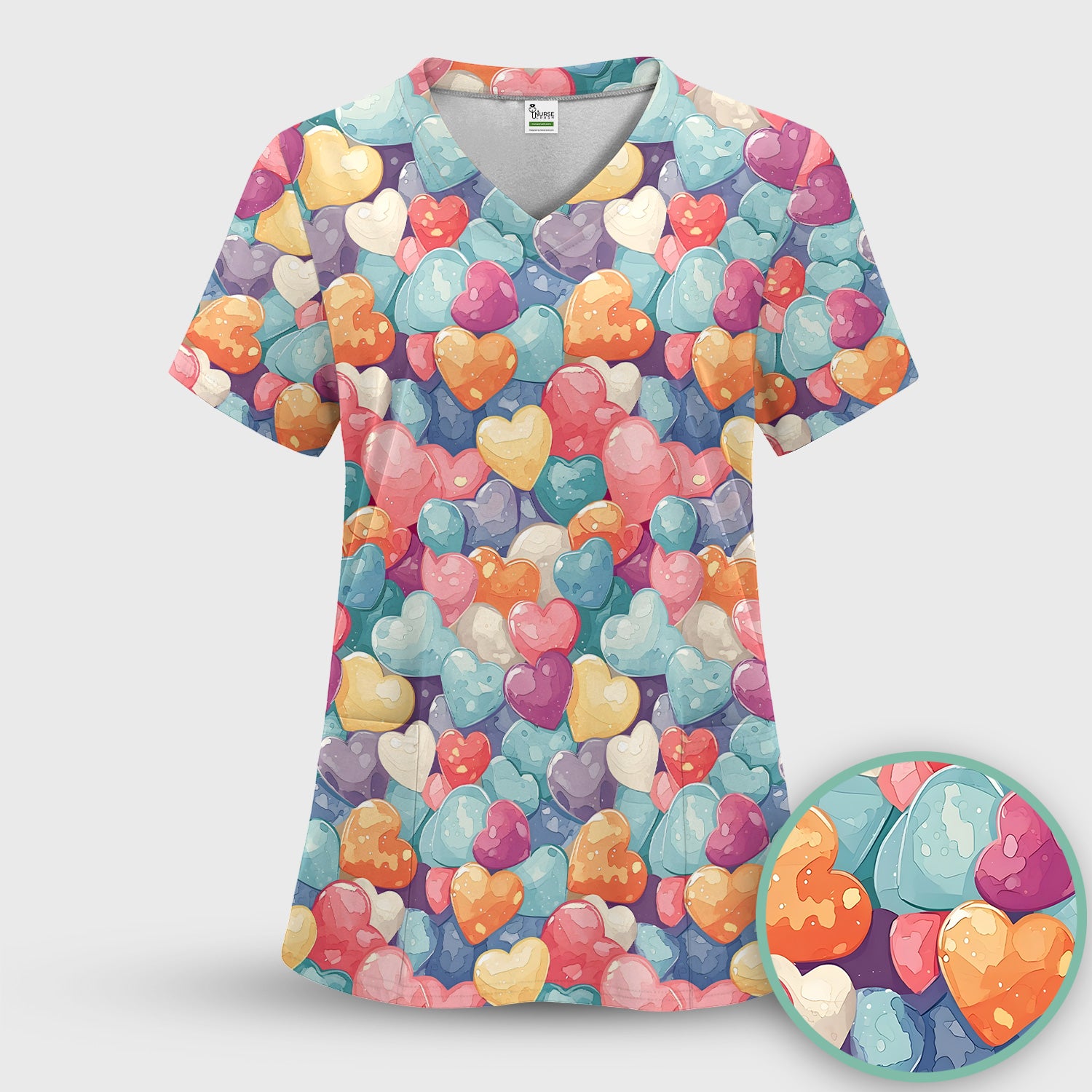 Sweet Valentine Heart Pediatric Pattern Scrub Set, Scrub Pants and V Neck Top