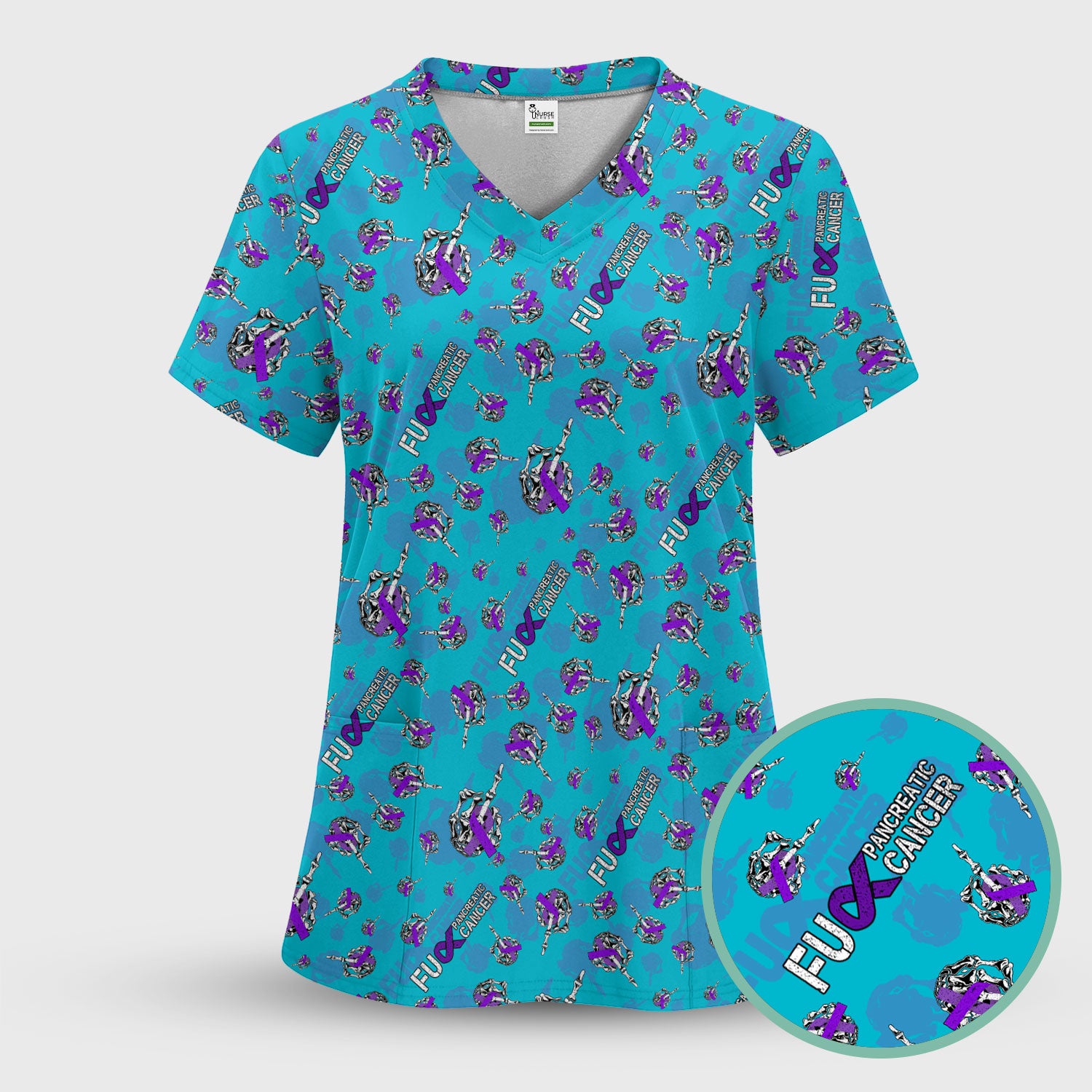 Fuck Pancreatic Cancer Scrub Top - Purple Ribbon Awareness Nurse Shirt - Bold Medical Uniform Gift for Cancer Support Fighters