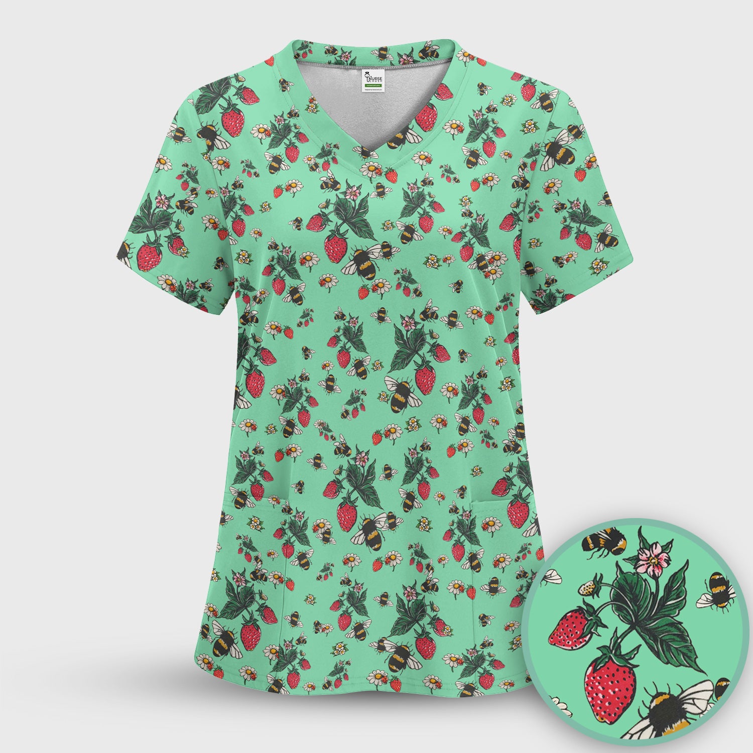 Cute Strawberry Bee Daisy Floral Pattern Scrub Set, Scrub Pants and V Neck Top