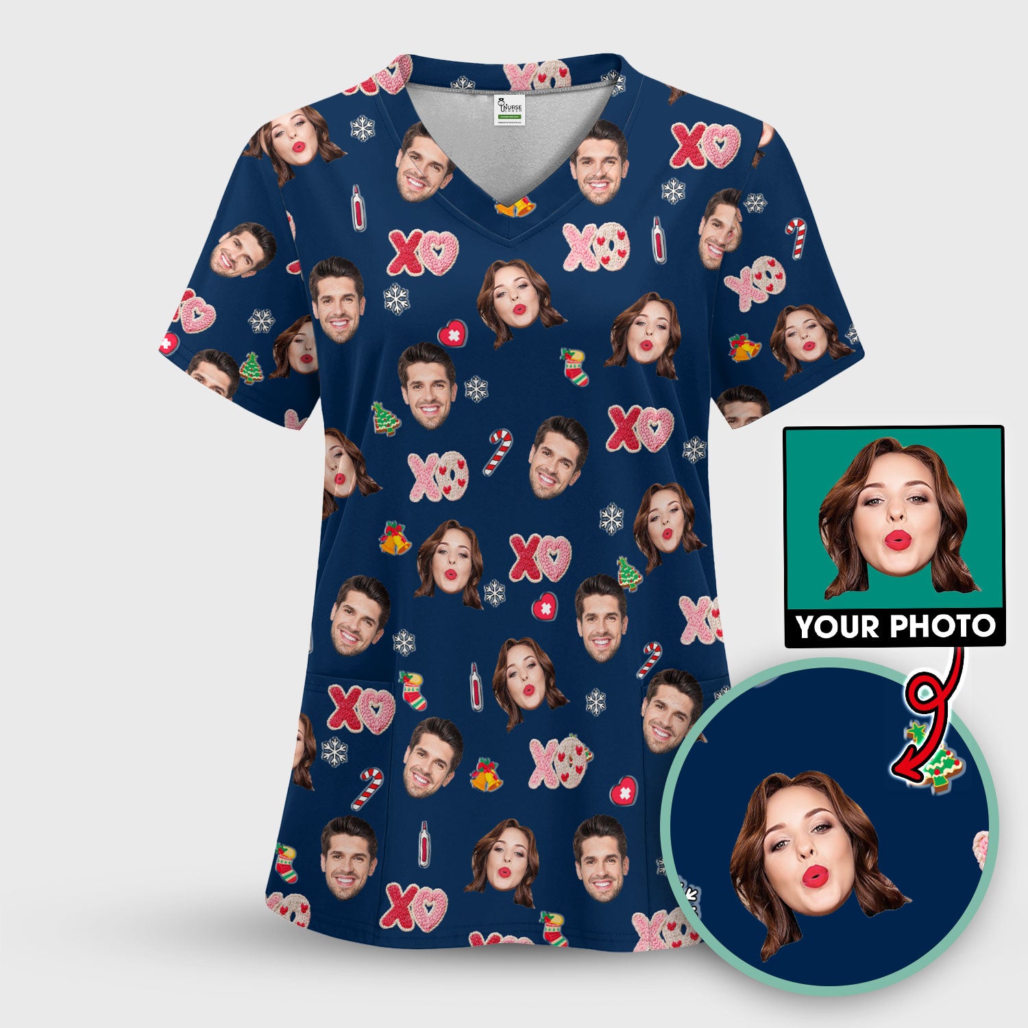 Personalized Photo Scrub Top, Custom Face XOXO Scrub Shirt, Breathable Fabrics Nursing Uniform