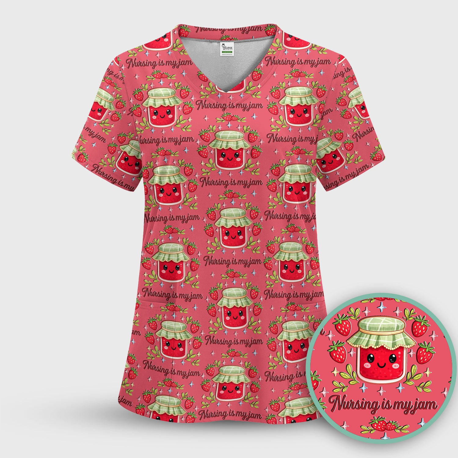Cute Strawberry Jam Nurse Pattern Scrub Set, Breathable Med Uniform