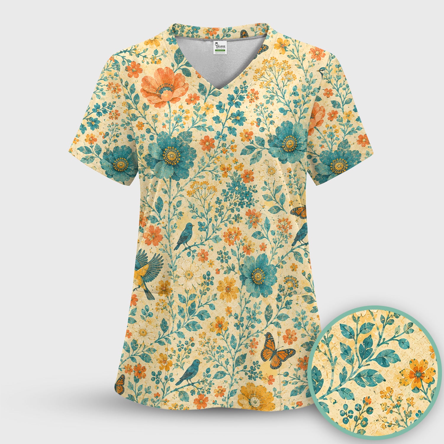 Vintage Floral Bird Butterfly Pattern Scrub Set, Scrub Pants and V Neck Top