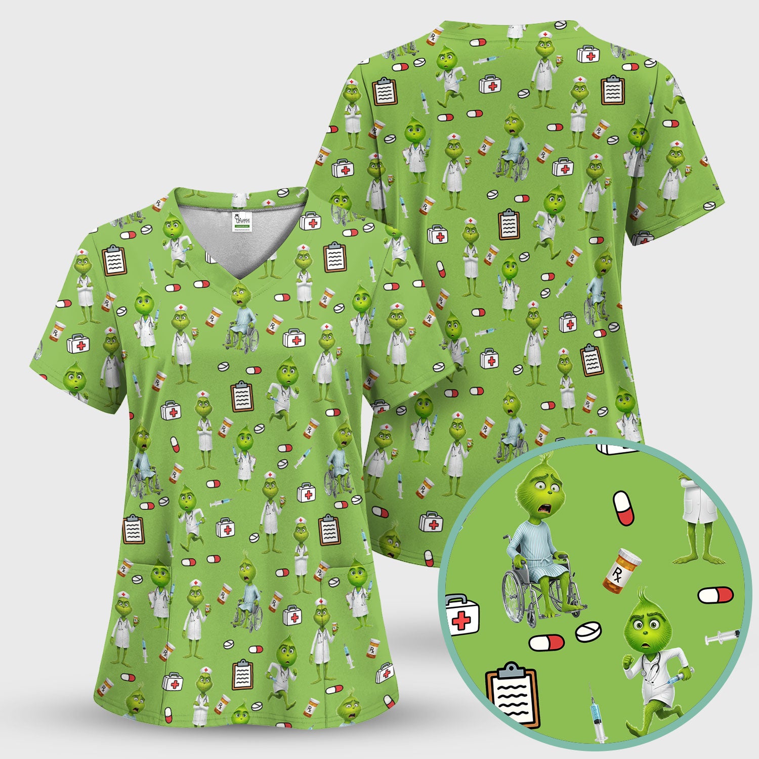 Funny Grinch Scrub Top - Christmas Medical Uniform for Women - Funny Holiday Nursing Gift for RN LPN CNA