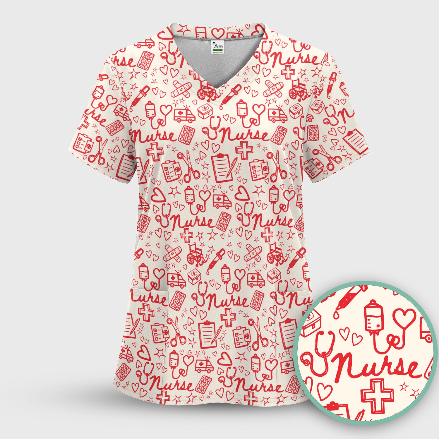 Cute Nurse Heart Medical Pattern Scrub Set, Breathable Med Uniform