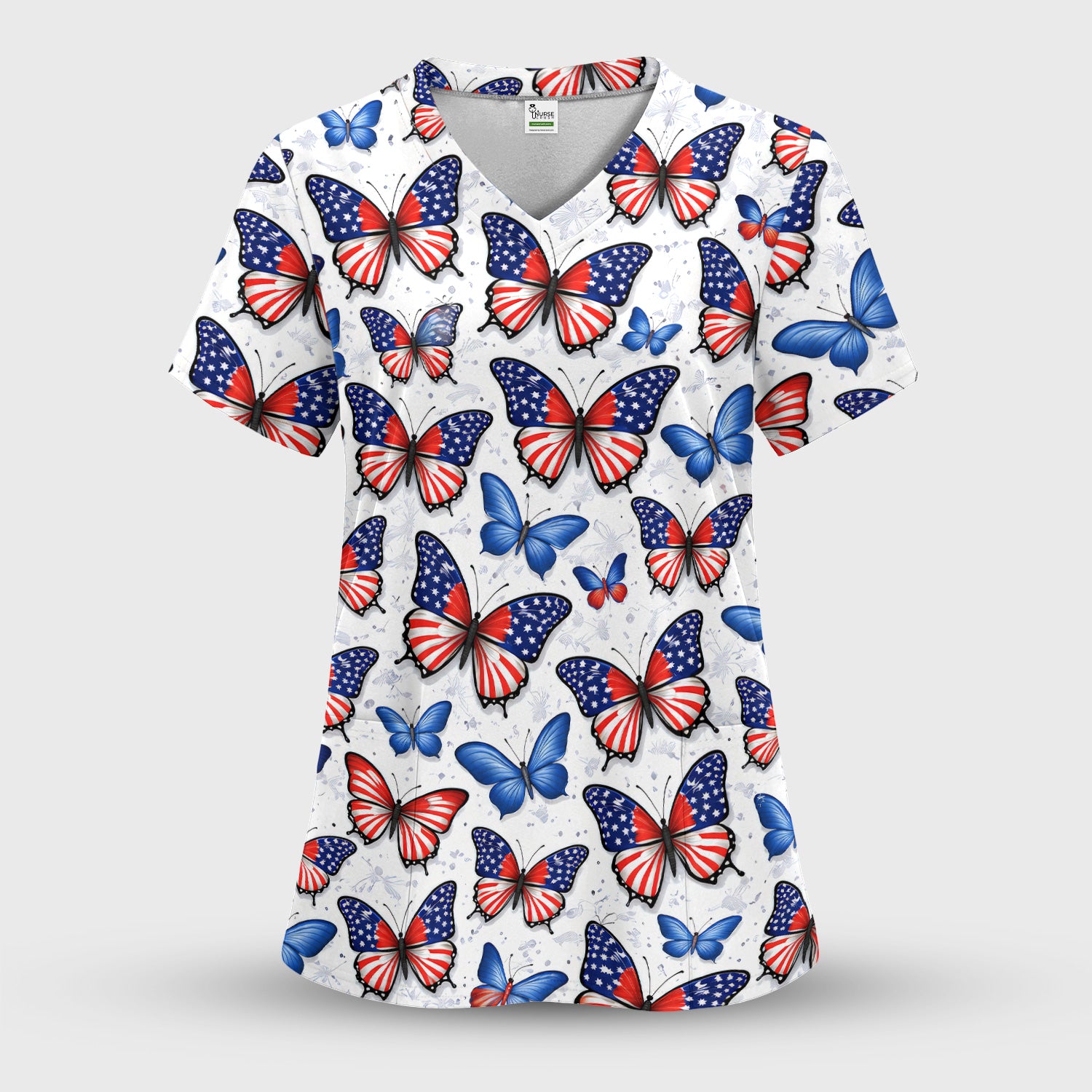 Charming Patriotic Butterfly Star Pattern Scrub Set, Scrub Pants and V Neck Top
