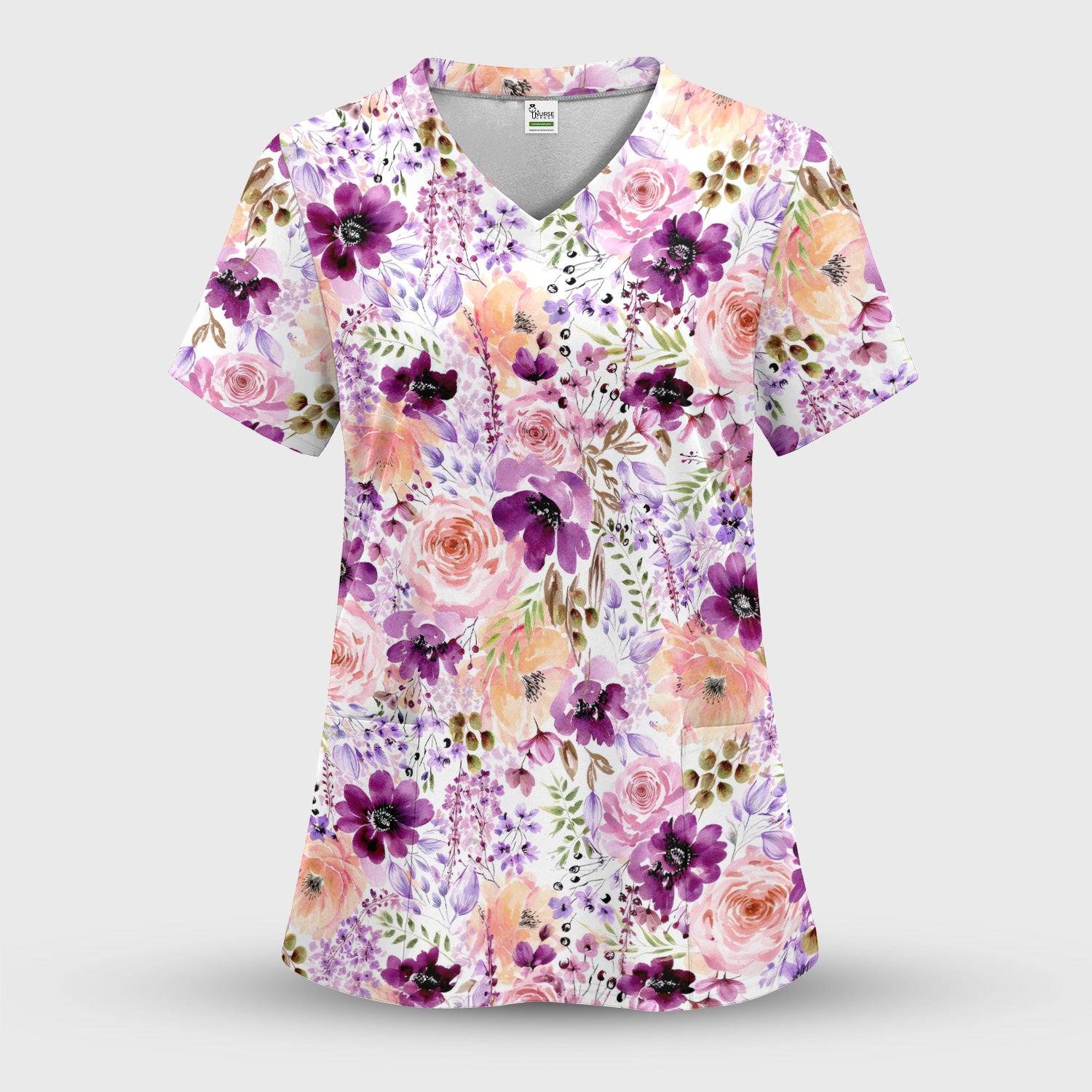 Elegant Watercolor Floral Bloom Scrub Top, Comfortable Scrubs for Nurses