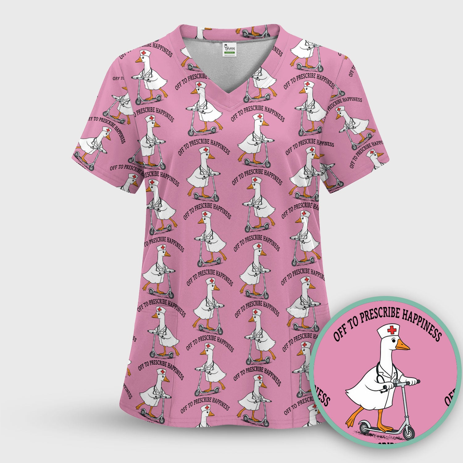 Nurse Goose Scooter Print Scrub Top, Breathable Fabrics Nursing Uniform