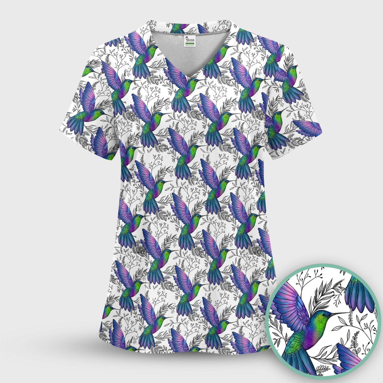 Colorful Hummingbird Flying Botanical Pattern Scrub Top, Comfortable Scrubs for Nurses