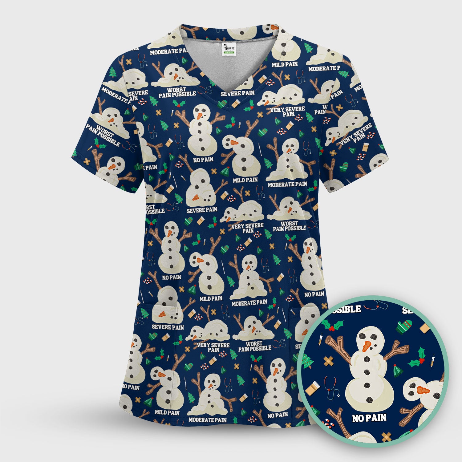 Funny Snowman Pain Scale Scrub Top for Nurse - Christmas Medical Shirt for Women RN LPN CNA - Cute Winter Nursing Uniform