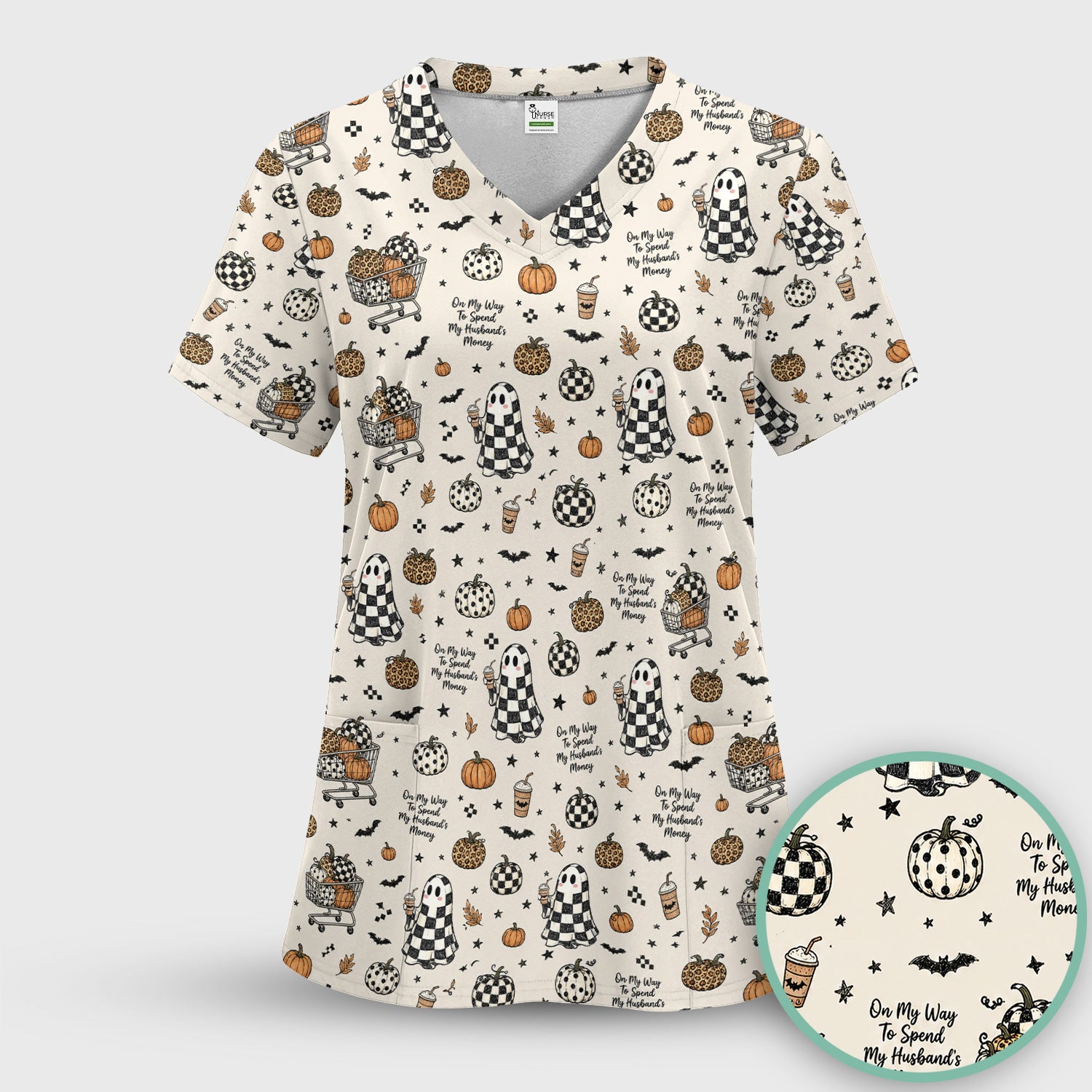 Halloween On My Way To Spend My Husband's Money Scrub Top, Comfortable Scrubs for Nurses