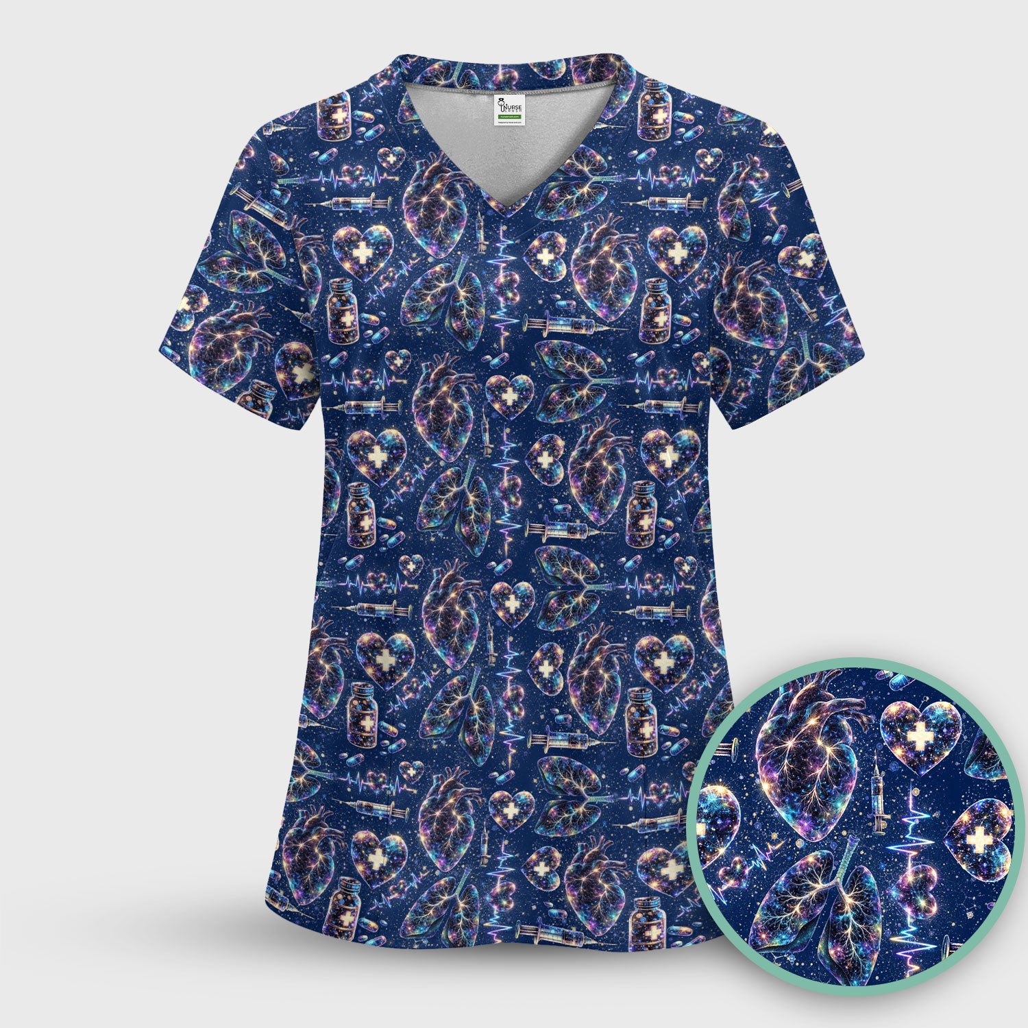 Galaxy Anatomical Heart Lung Syringe Print Scrub Top, Breathable Fabrics Nursing Uniform