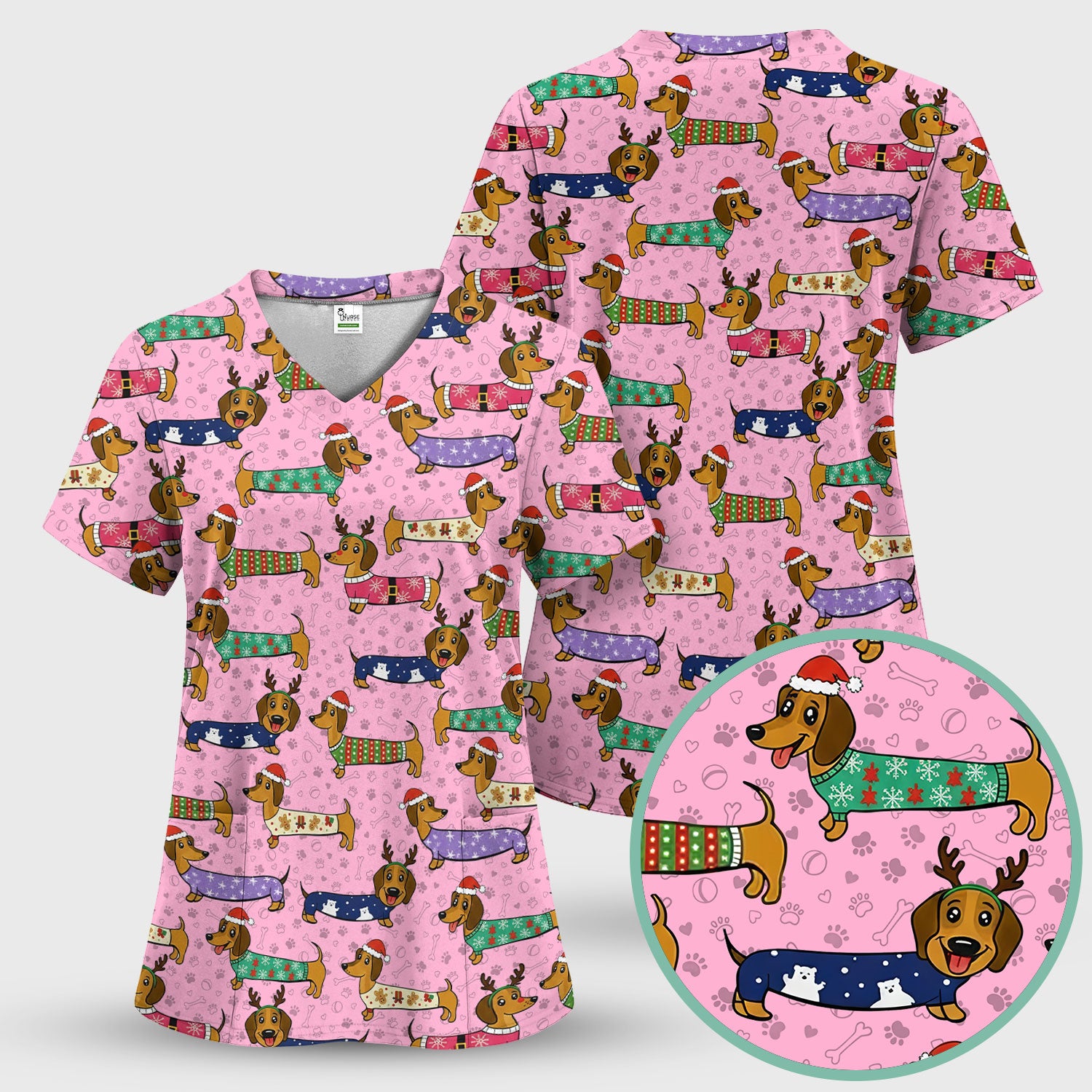 Funny Dachshund Dog Christmas Scrub Top for Nurses - Holiday Reindeer Wiener Dog Shirt - Cute Vet Tech Uniform Gift