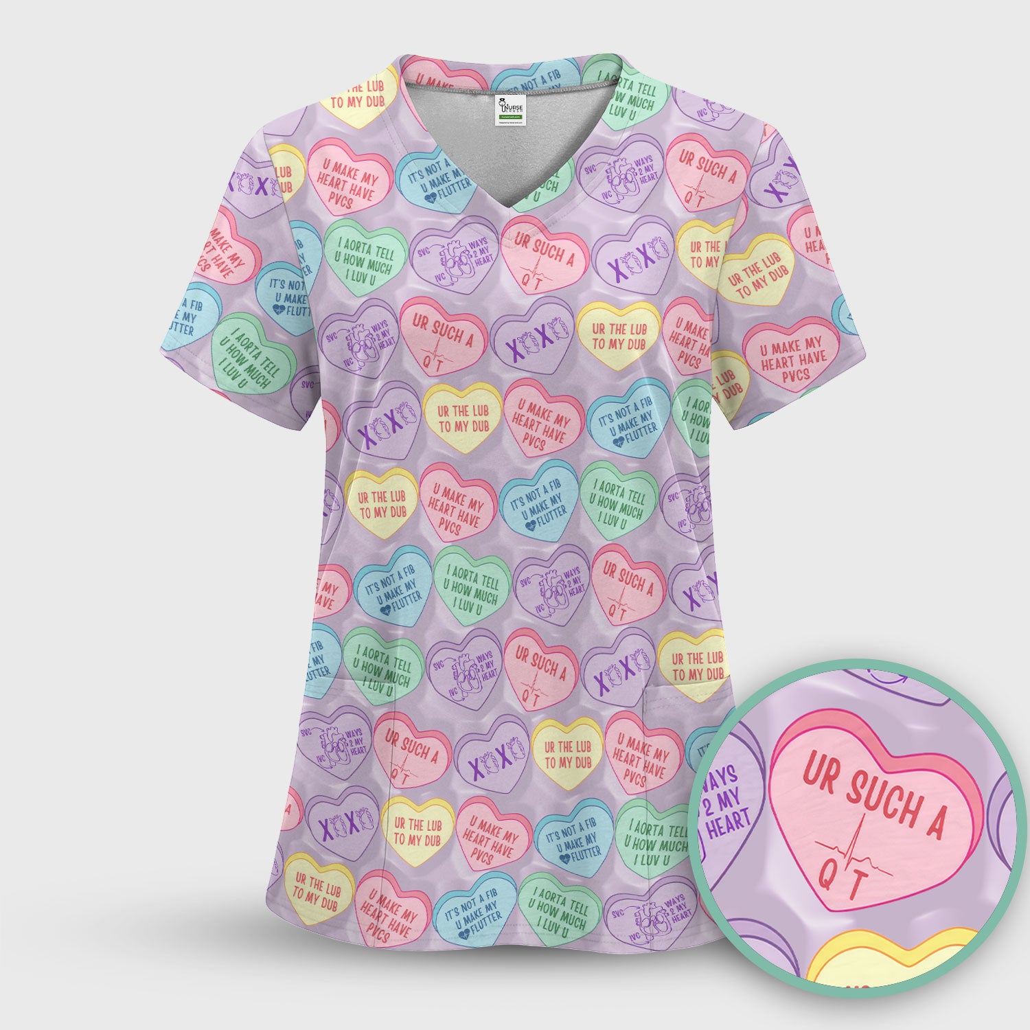 Medical Candy Heart Valentine Pattern Women’s Scrub Sets, Fun Medical Pattern, Breathable Med Uniform