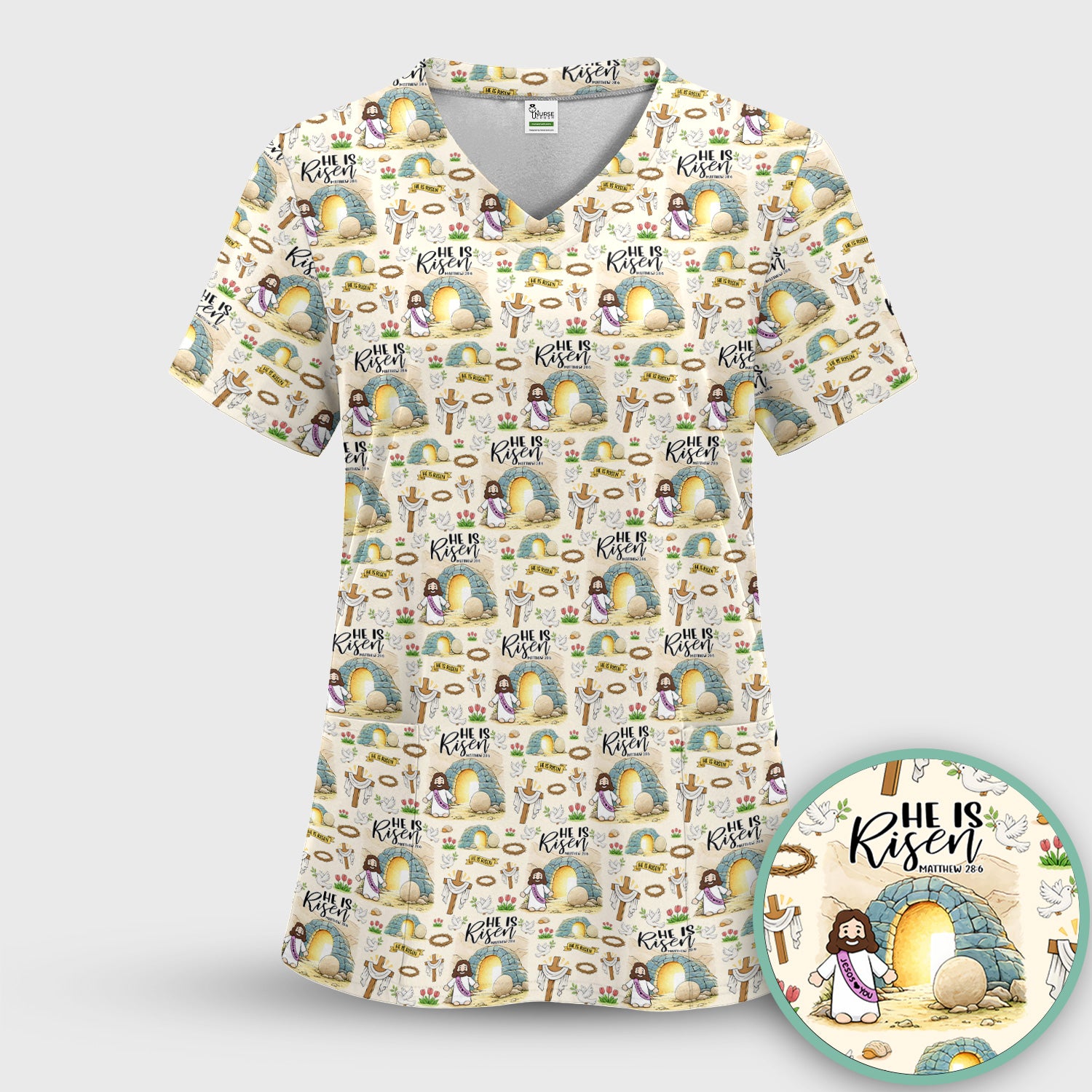 Christian Easter He Is Risen Resurrection Pattern Scrub Top, Breathable Healthcare Uniform Top