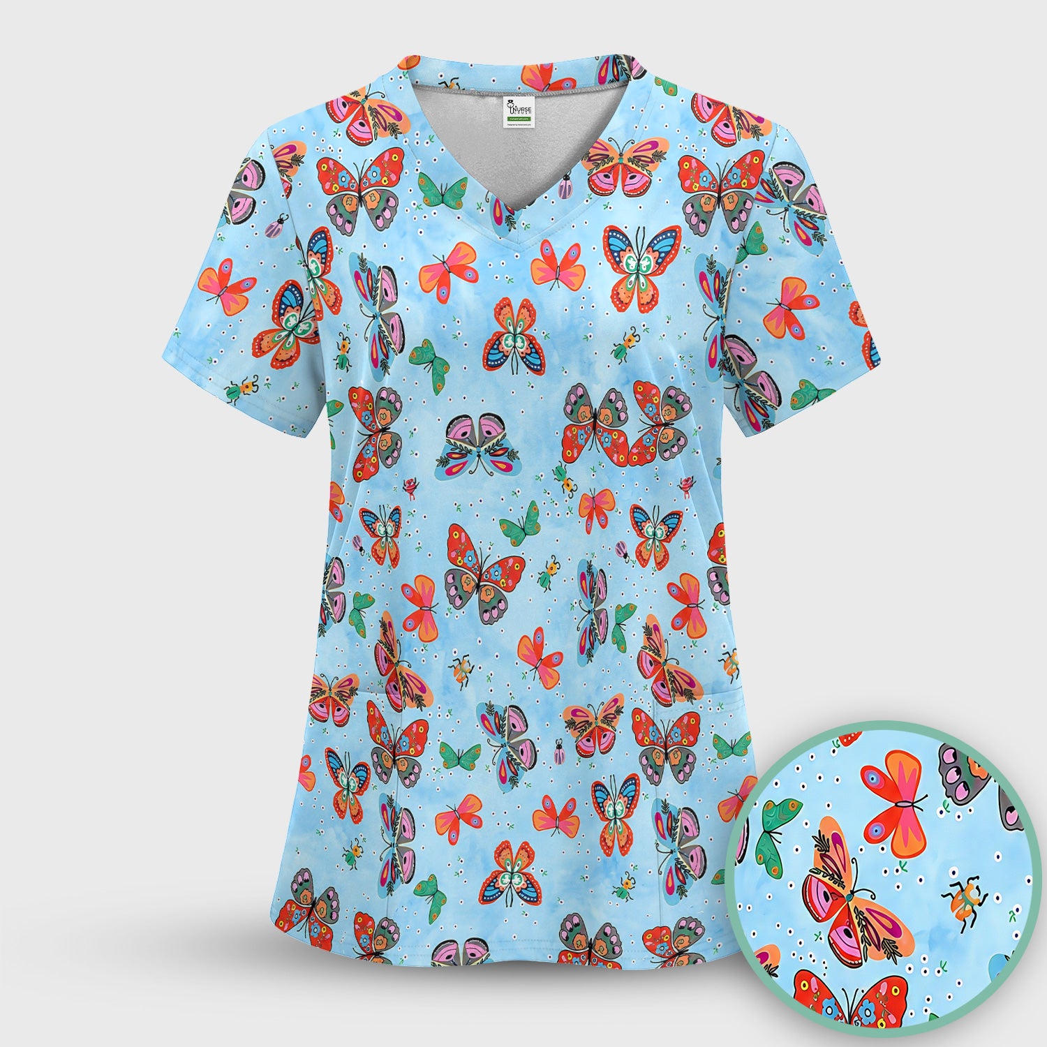Colorful Butterfly Garden Pattern Scrub Top, Breathable Fabrics Nursing Uniform