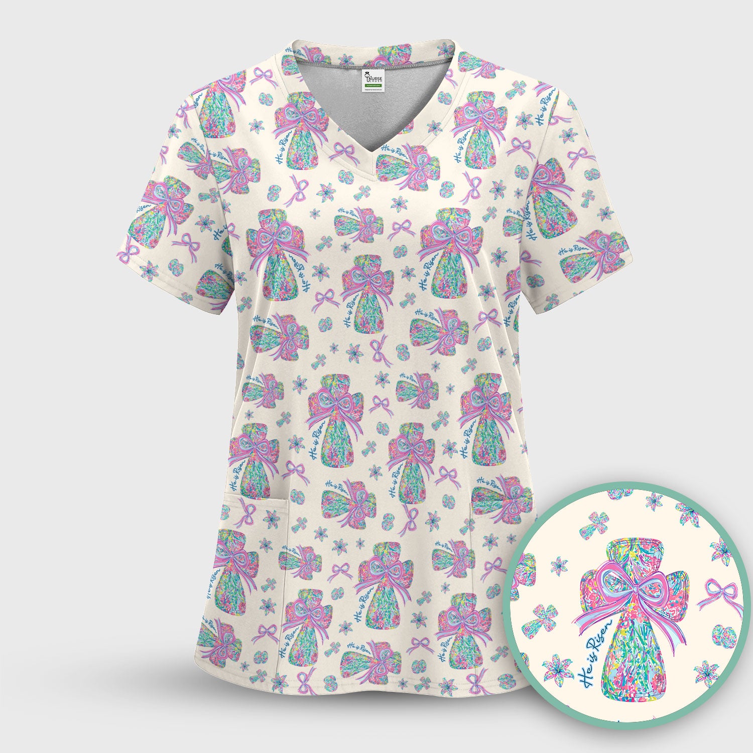 Colorful Bow Pattern Scrub Top, Breathable Fabrics Nursing Uniform