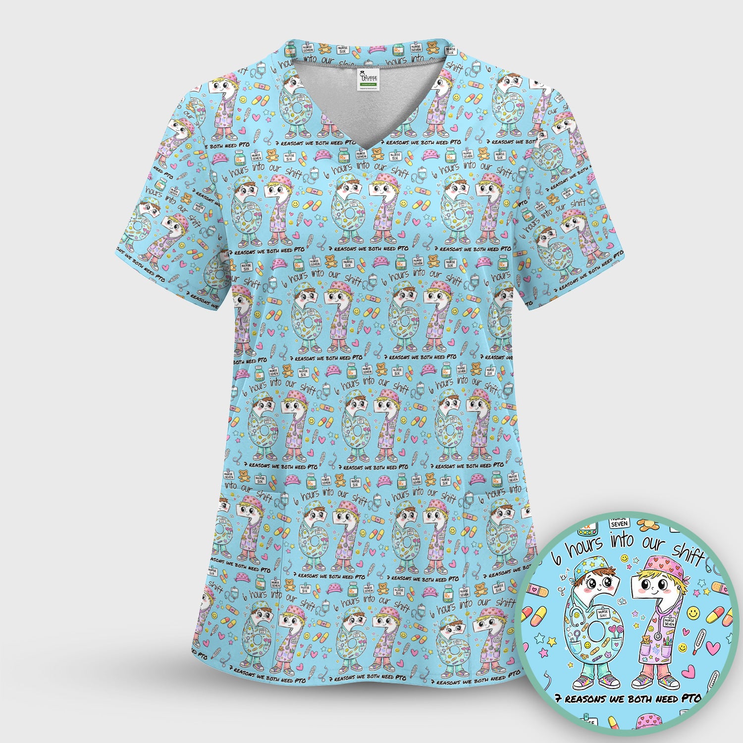Cartoon Characters Six Hours Into Shift With Medical Doodle Scrub Set, Breathable Med Uniform