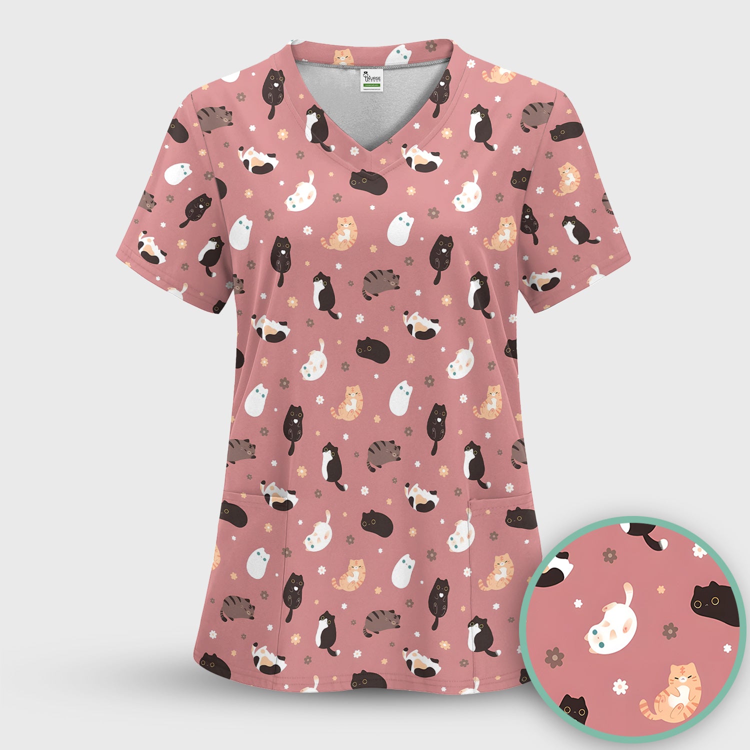 Adorable Kitty Nurse Pattern Scrub Top, Comfortable Scrubs for Nurses