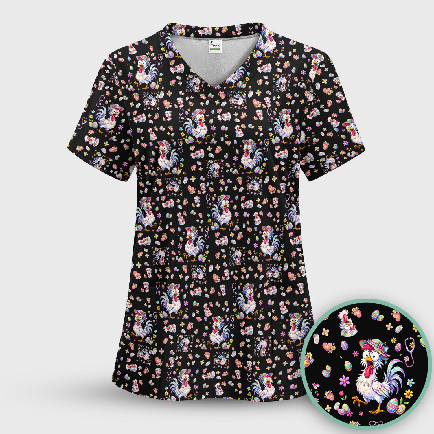 Funny Easter Nurse Chicken Pattern Scrub Top, Comfortable Scrubs for Nurses