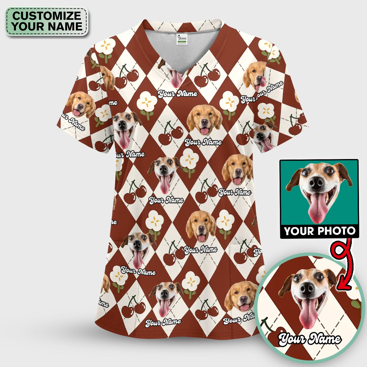 Custom Dog Face Scrub Set, Playful Dog Cherry Argyle Pattern Shirt, Breathable Fabrics Nursing Uniform