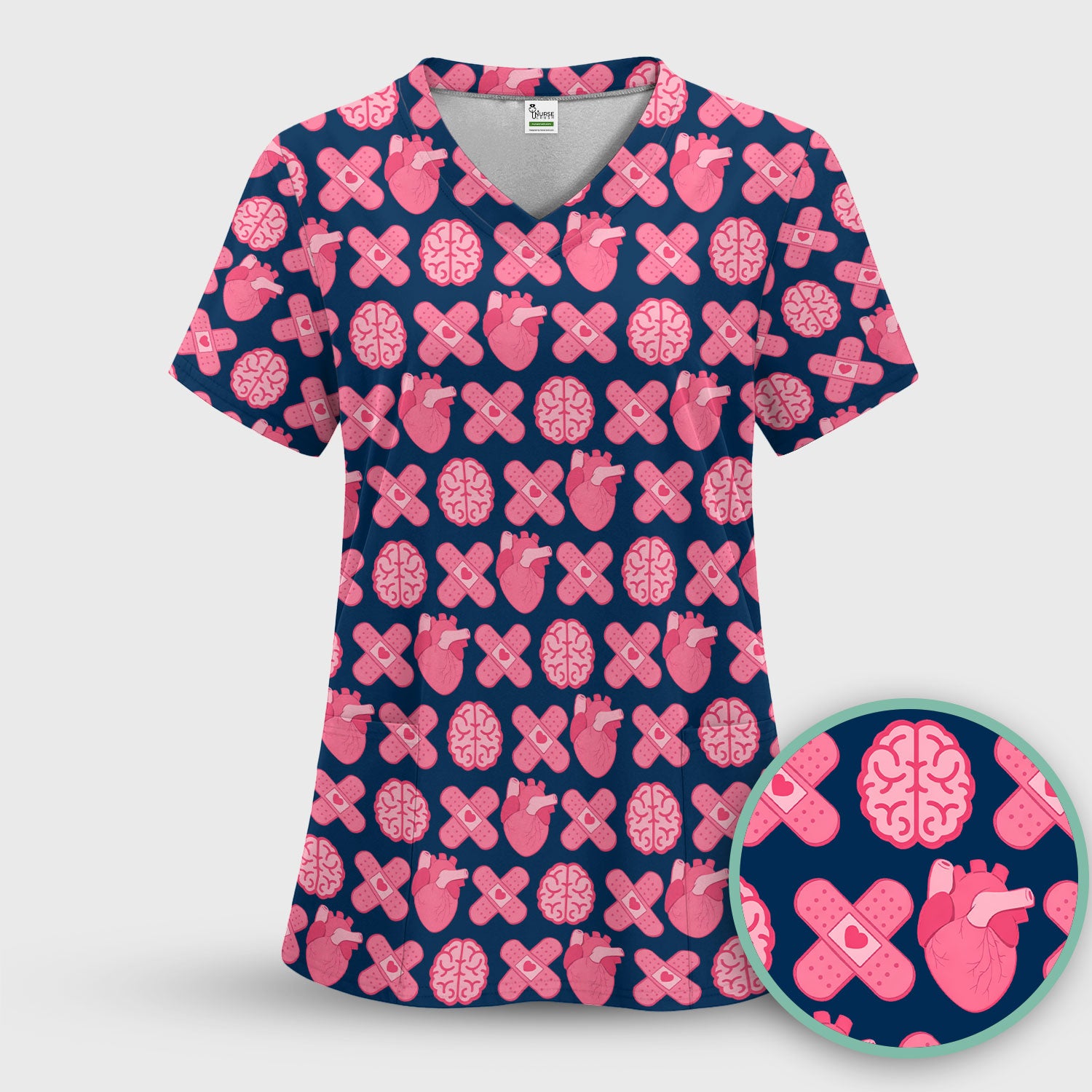 Heart & Brain Medical Icon Pattern Scrub Top, Breathable Fabrics Nursing Uniform