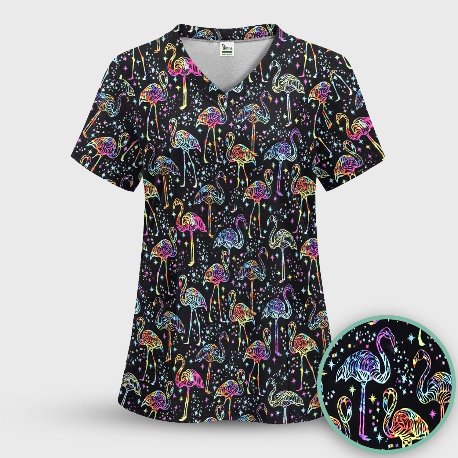 Neon Flamingo Starry Night Pattern Scrub Top, Comfortable Scrubs for Nurses