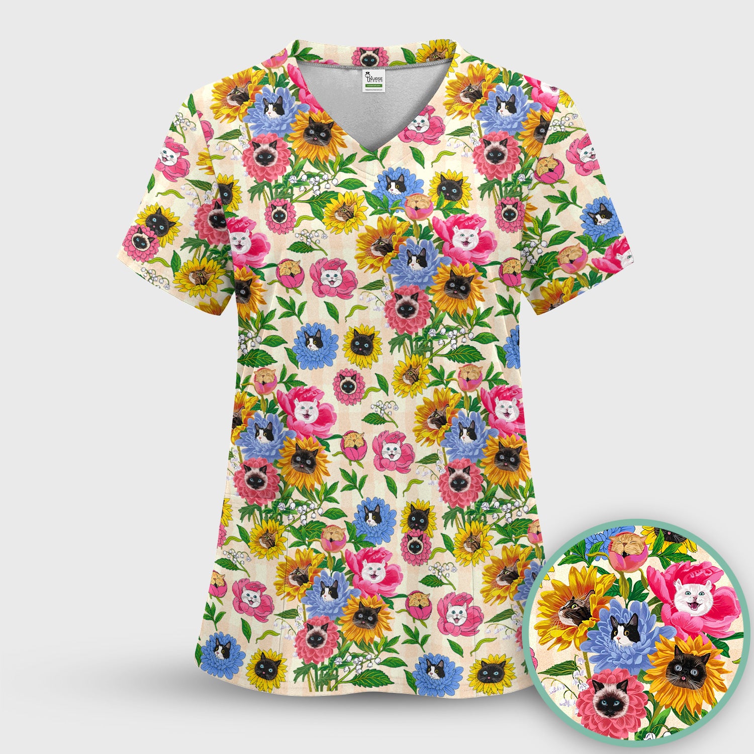 Cat Face Hidden In Colorful Flower Garden Scrub Top, Breathable Fabrics Nursing Uniform
