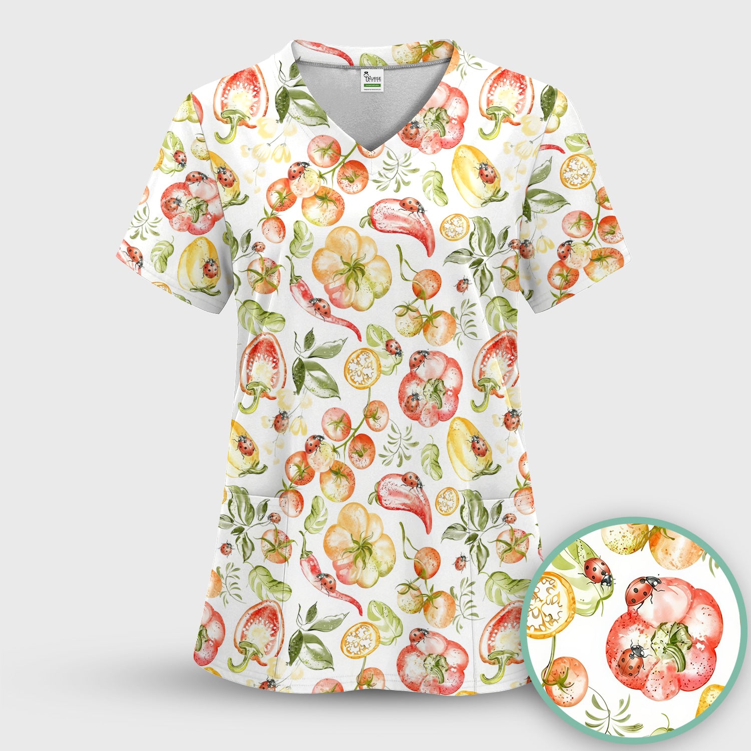Cute Watercolor Veggie Ladybug Pattern Scrub Top, Comfortable Scrubs for Nurses