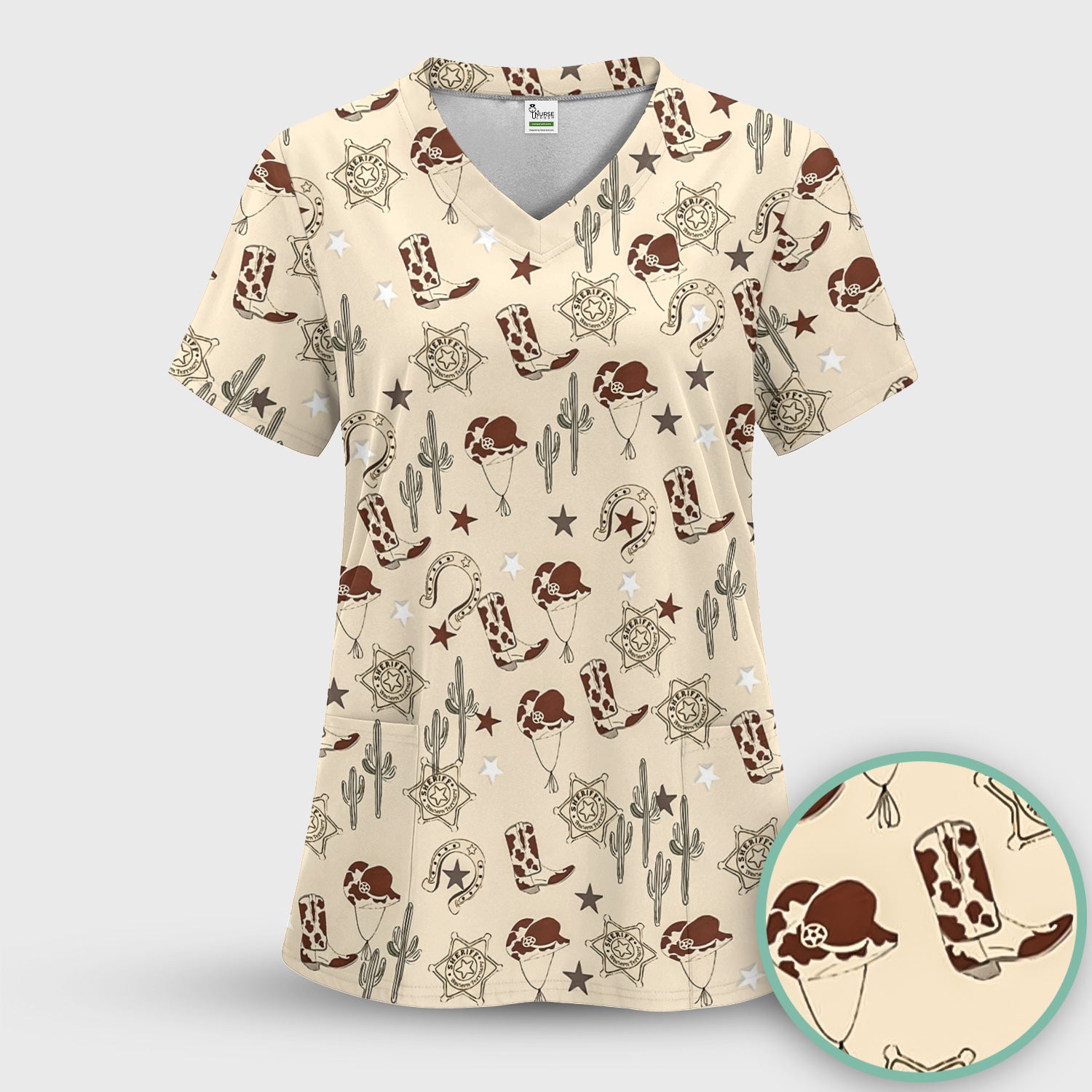 Funny Cowboy Hats & Boots Pattern Scrub Top, Comfortable Scrubs for Nurses