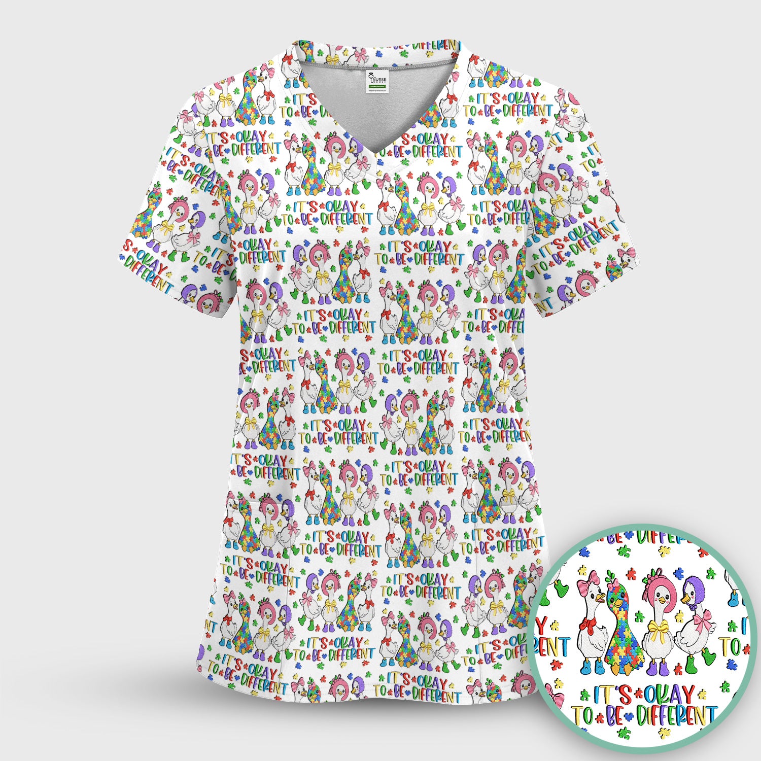 It’s Okay To Be Different Duck Pattern Scrub Top, Comfortable Scrubs For Nurses