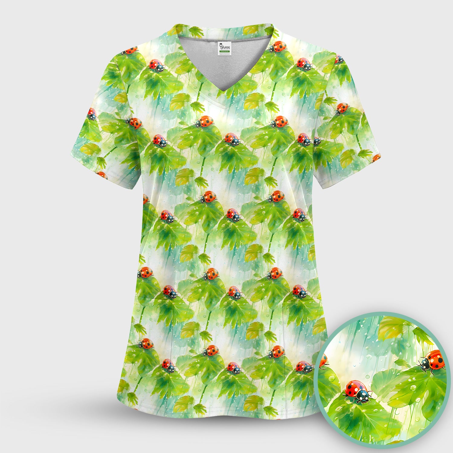 Ladybugs On Rainy Leaves Pattern Scrub Set, Scrub Pants and V Neck Top