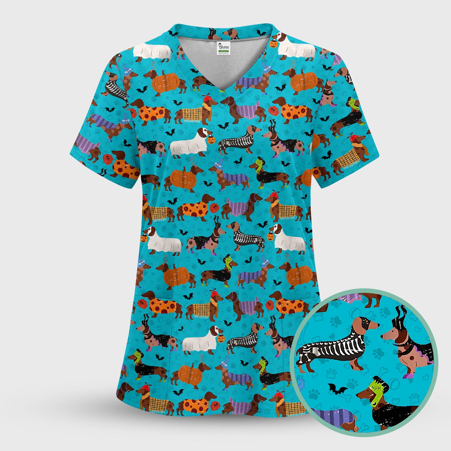 Funny Halloween Dachshund Scrub Top - Cute Sausage Dog Pumpkin Skeleton Nurse Shirt for Women - RN LPN CNA Medical Gift