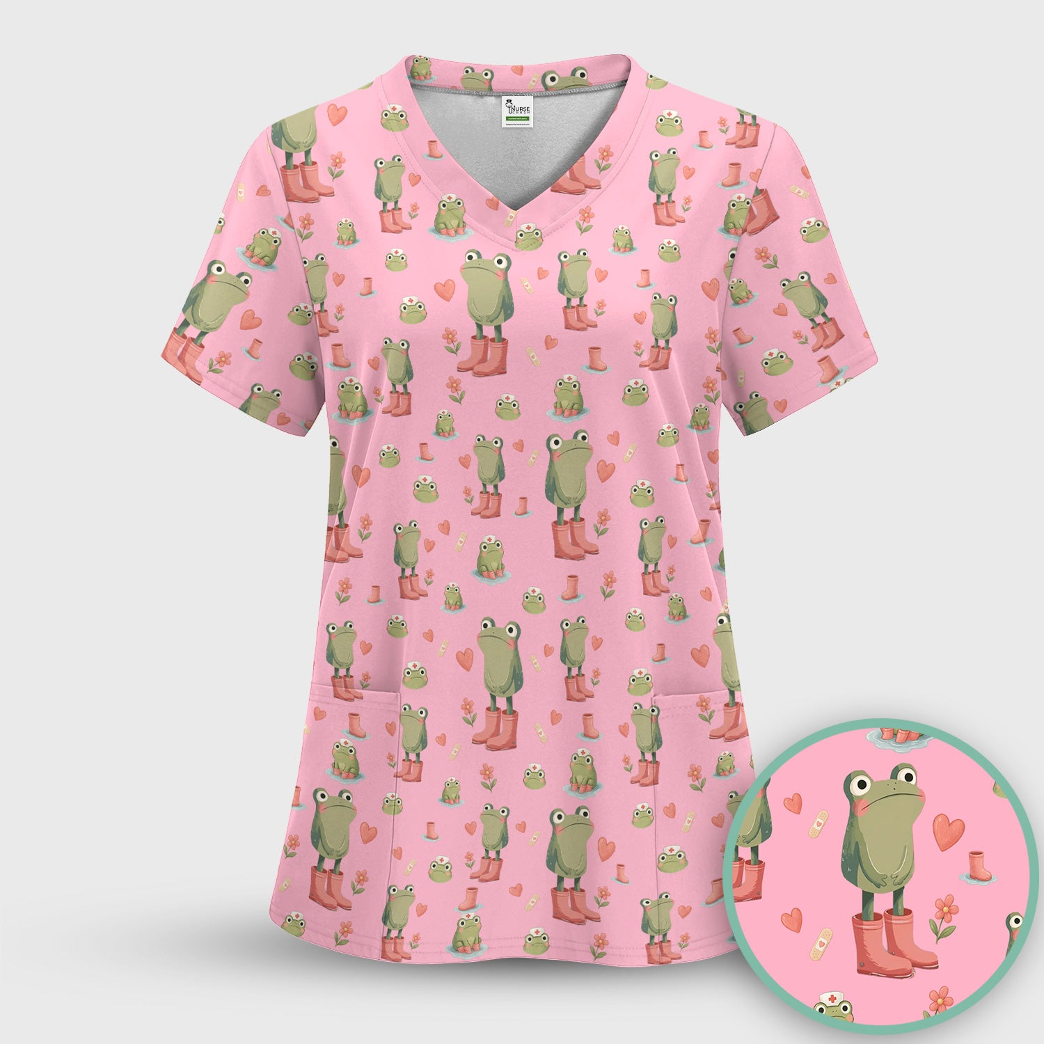 Adorable Frog Boots Heart Pattern Scrub Top, Comfortable Scrubs for Nurses