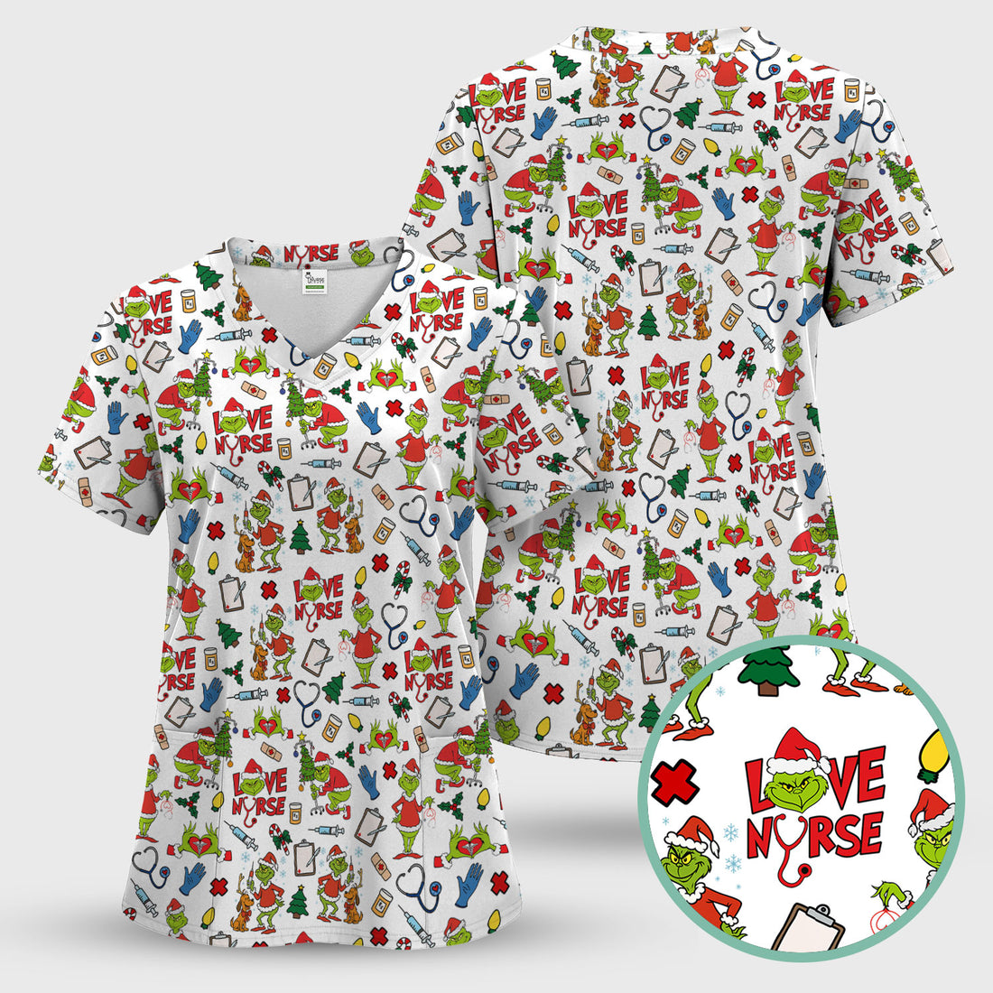 Funny Grinch Love Nurse Scrub Top - Multi Color Christmas Scrub Shirt - Cute Holiday Nursing Workwear with Pockets for Women