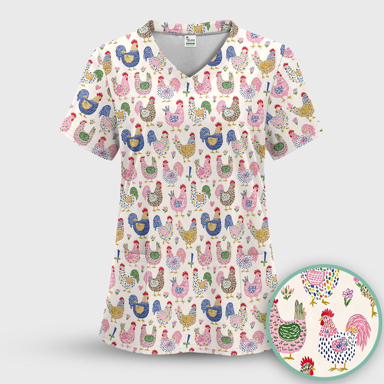 Funny Chicken Rooster Pattern Scrub Top, Breathable Fabrics Nursing Uniform