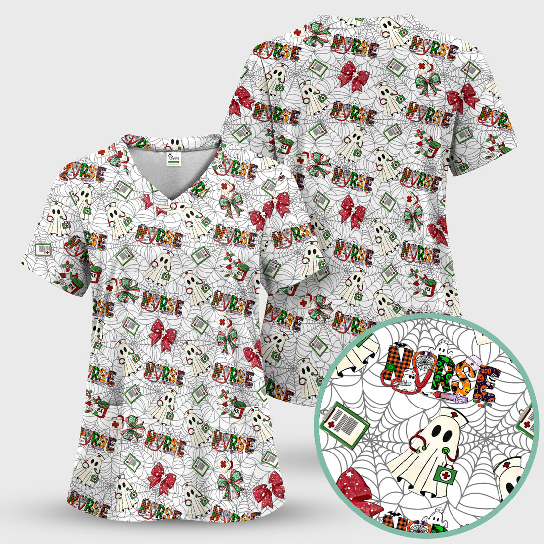 Halloween Nurse Scrub Top for Women - Cute Ghost and Spider Web Scrub Shirt Multi Color - Funny Nursing Work Shirt with Pockets