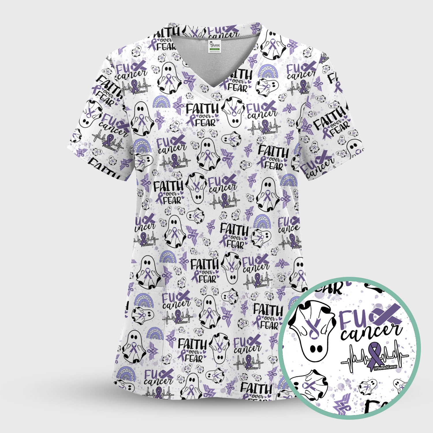 Stomach Cancer Awareness Scrub Sets - Periwinkle Blue Ribbon Survivor Scrub Pants and V Neck Top - November Warrior Gift