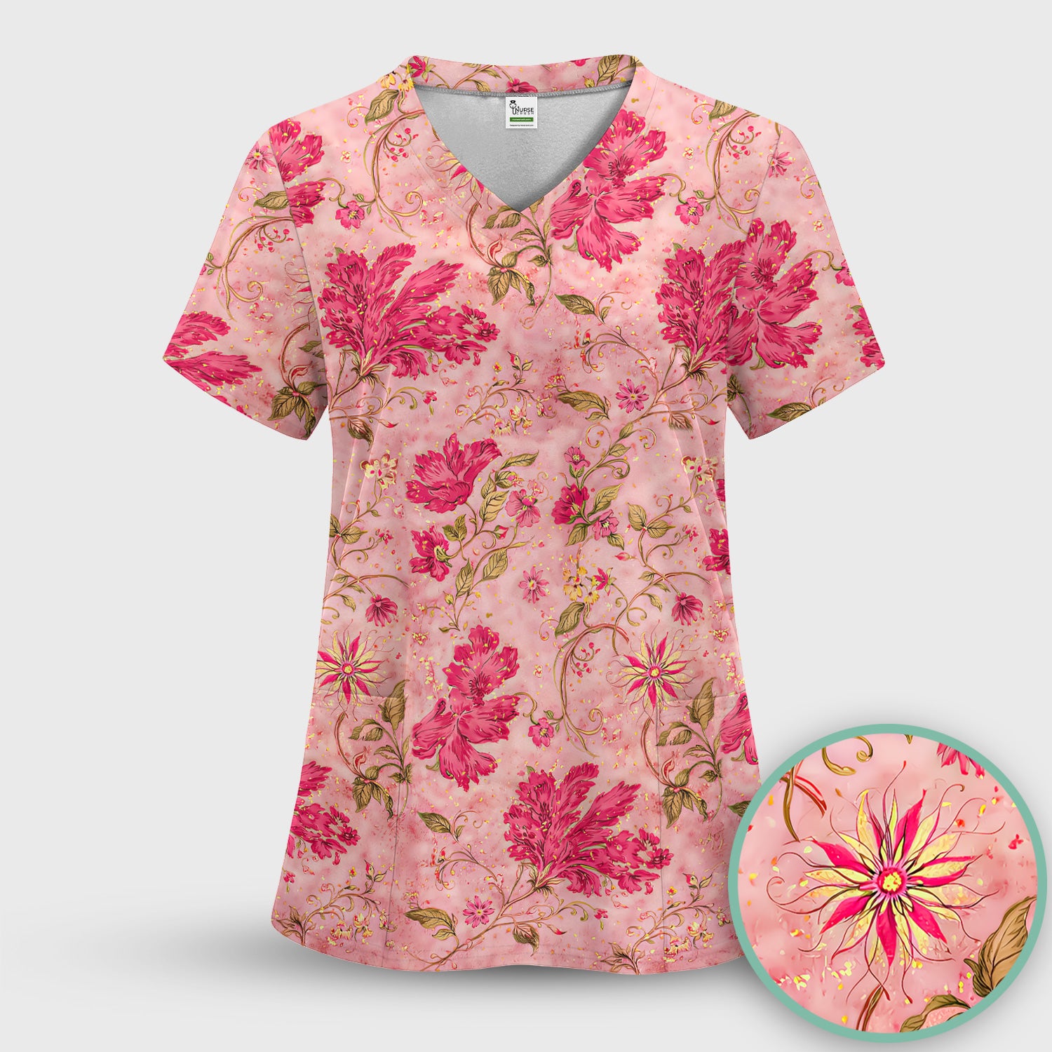 Elegant Pink Floral Vine Pattern Scrub Set, Women's Scrub Sets
