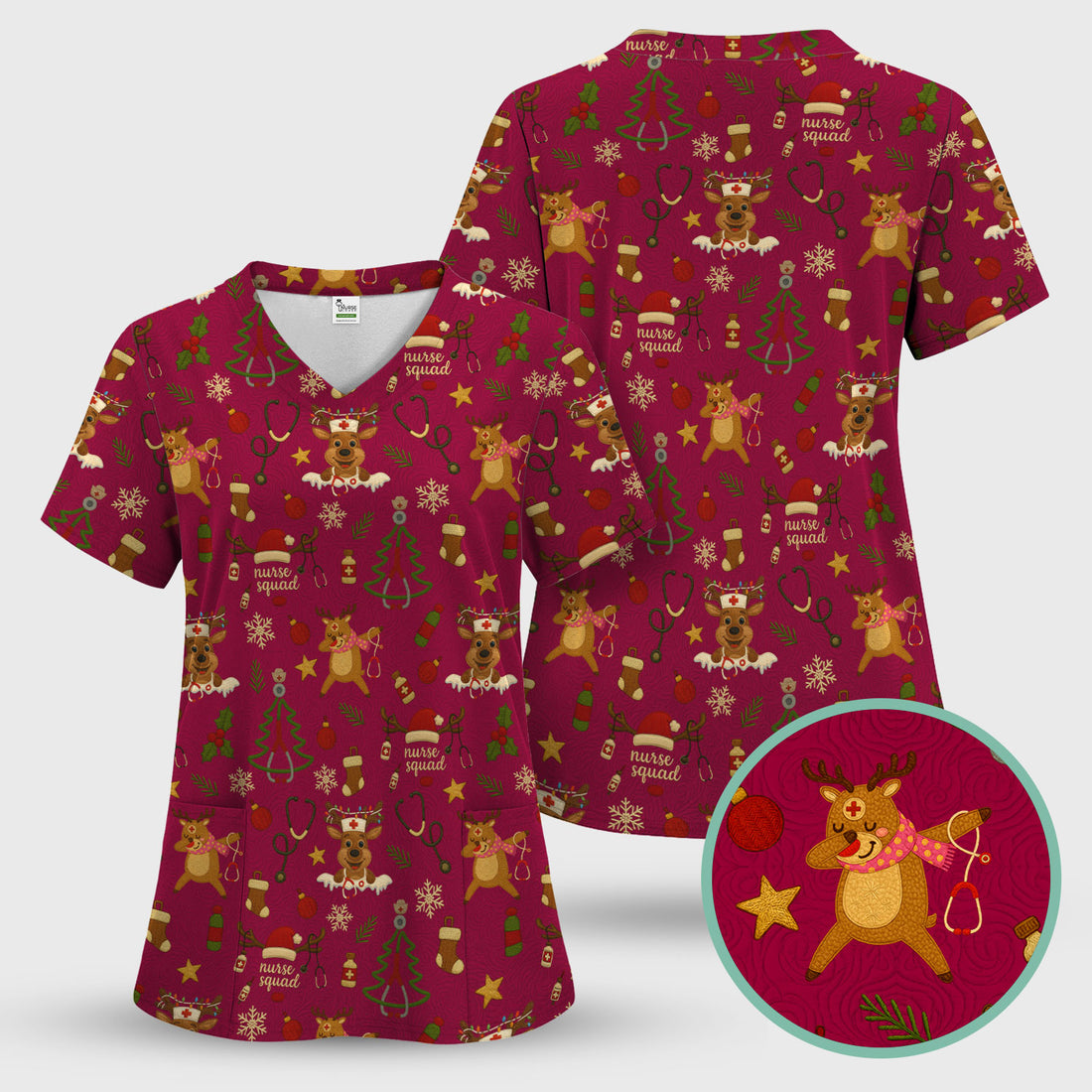Funny Xmas Scrub Shirt - Cute Reindeer Holiday Scrub Top - Christmas Medical Scrubs Gift for Women CNA RN Doctor Nurse Tech Staff Hospital Team