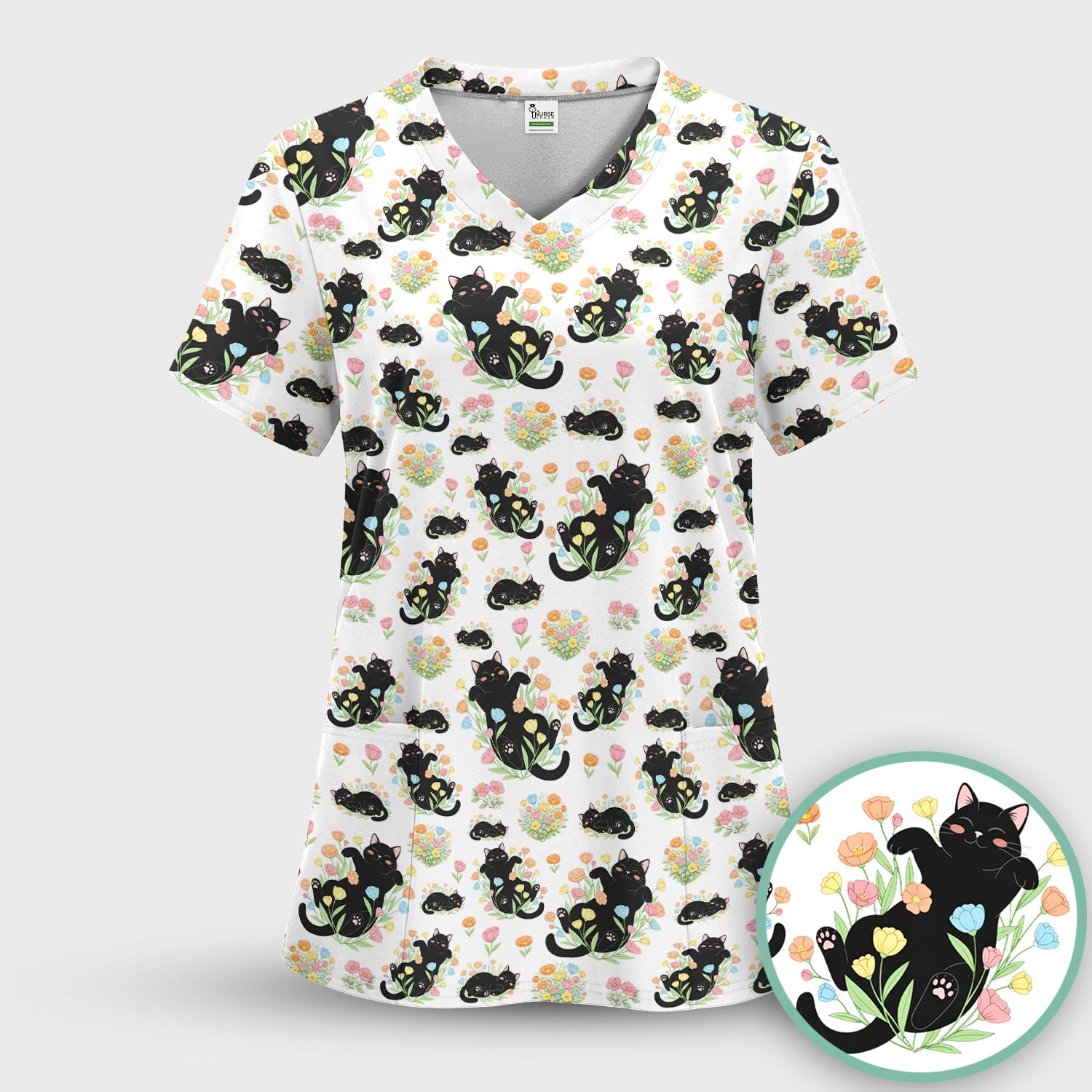 Cats With Cute Poses Floral Pattern Scrubs Top, Comfortable Scrubs for Nurses
