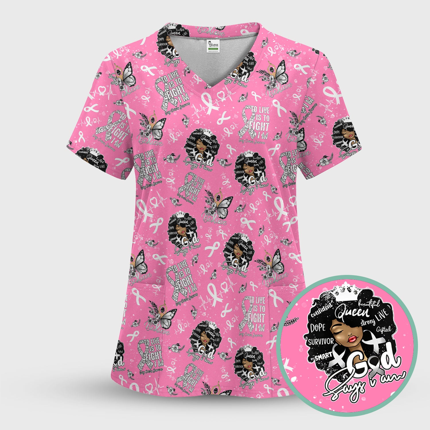 To Live Is To Fight I Am Strong Scrub Top - Cancer Awareness Nurse Shirt for Women - Empowering Gift for Survivors Fighters & Families
