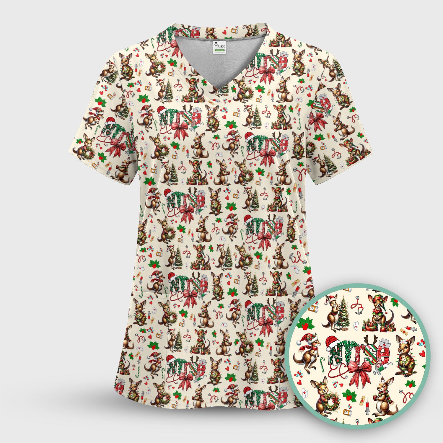 Whimsical Kangaroo Christmas Scrub Top – Festive Australian Animals Holiday Pattern – Cute Medical Uniform for Nurses, Vets & Healthcare Workers