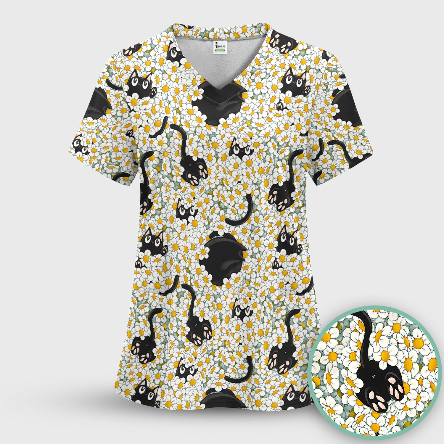 Daisy Black Cat Nurse Scrub Top for RN, CNA, Veterinary Staff, Cat Lover Uniform